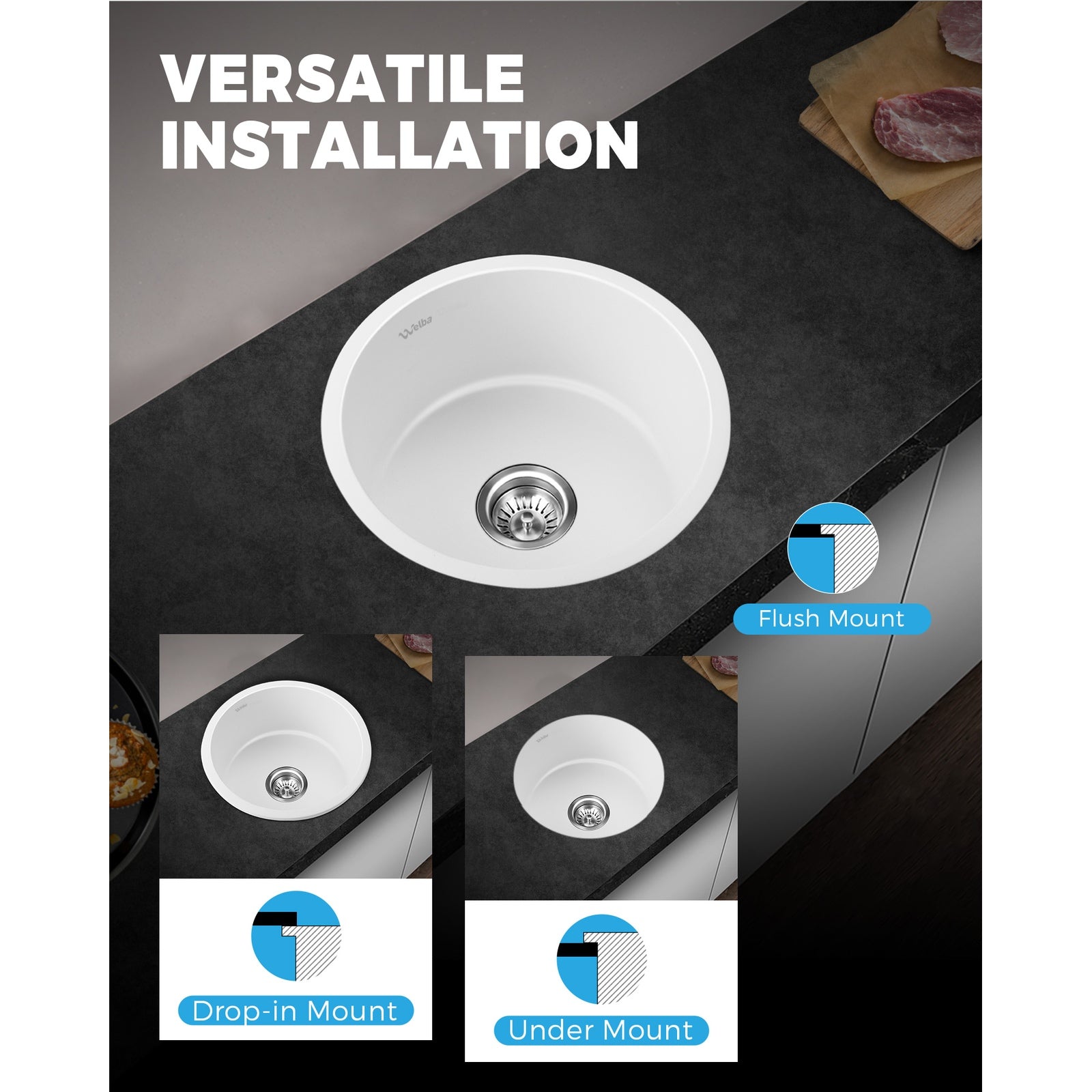 Welba Kitchen Granite Sink Stone Bathroom Basin Sink Single Bowl Under/Top Mount - Sunyee