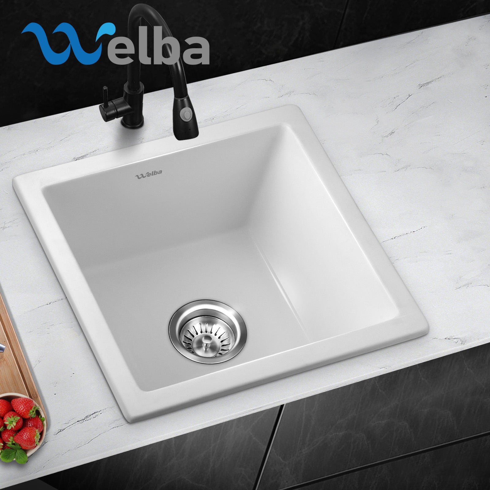 Welba Kitchen Sink Stone Sink Granite Laundry Basin Single Bowl 45cmx45cm White - Sunyee