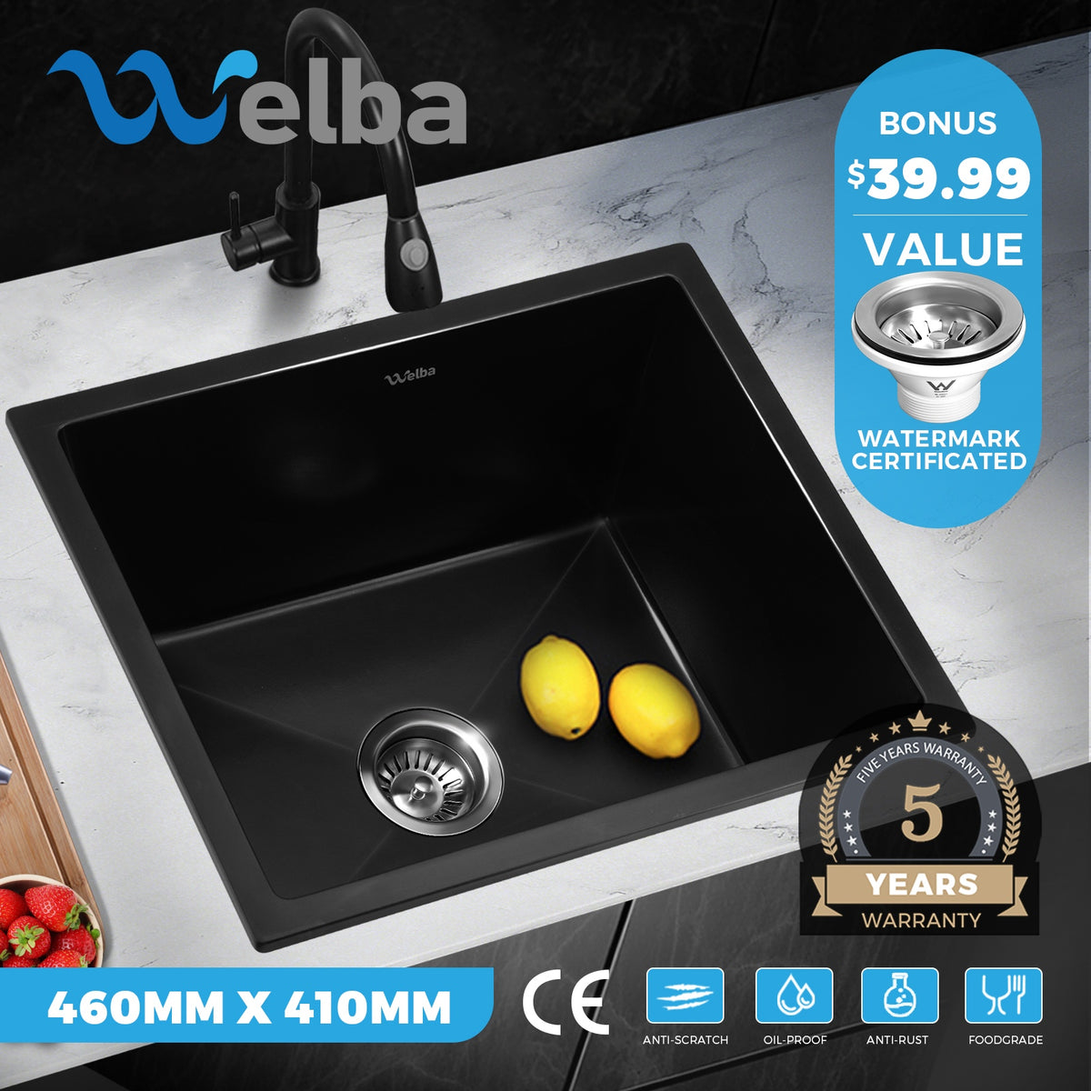 Welba Kitchen Sink Basin Stone Sink Bathroom Laundry Single Double Bowl - Sunyee