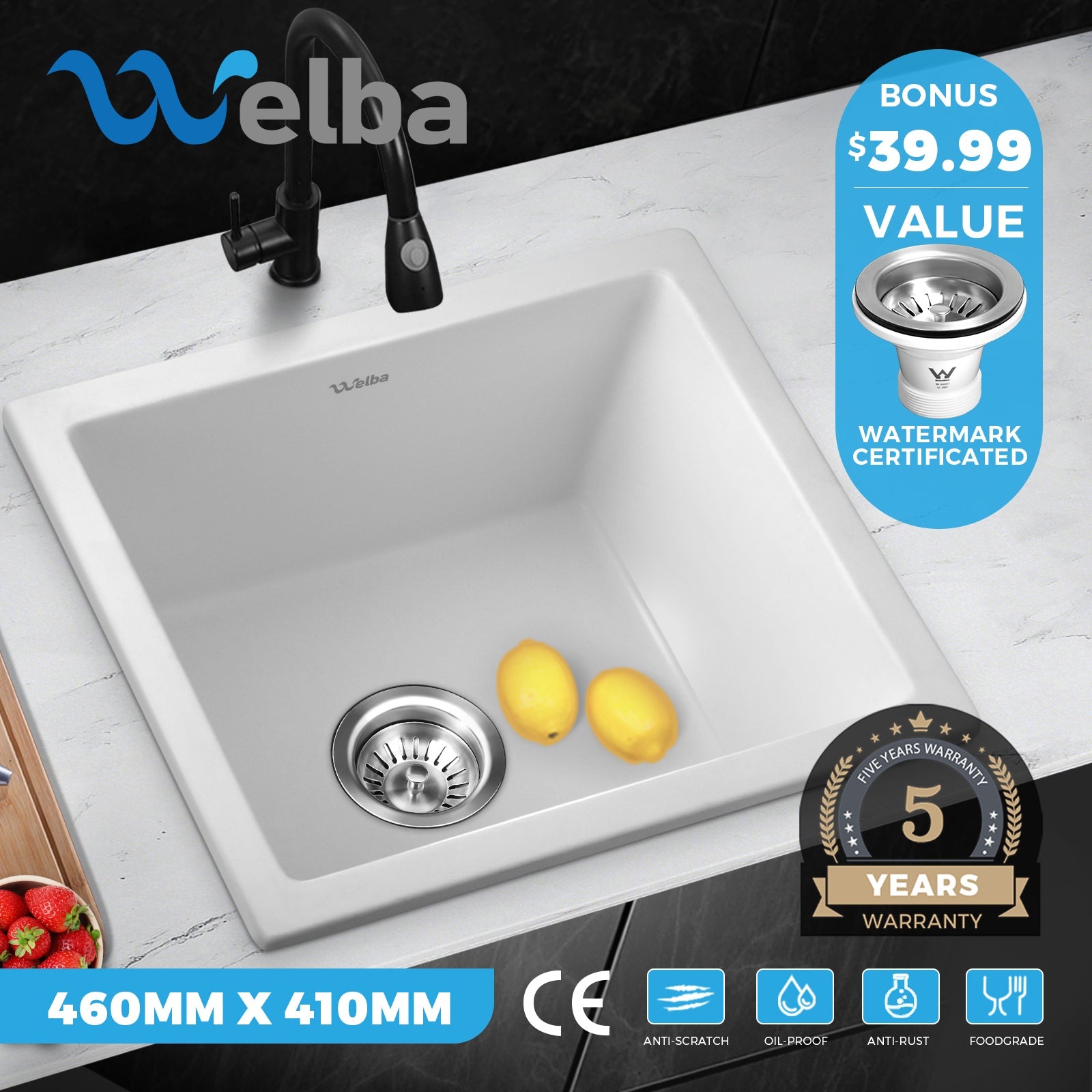 Welba Kitchen Sink Basin Stone Sink Bathroom Laundry Single Double Bowl - Sunyee
