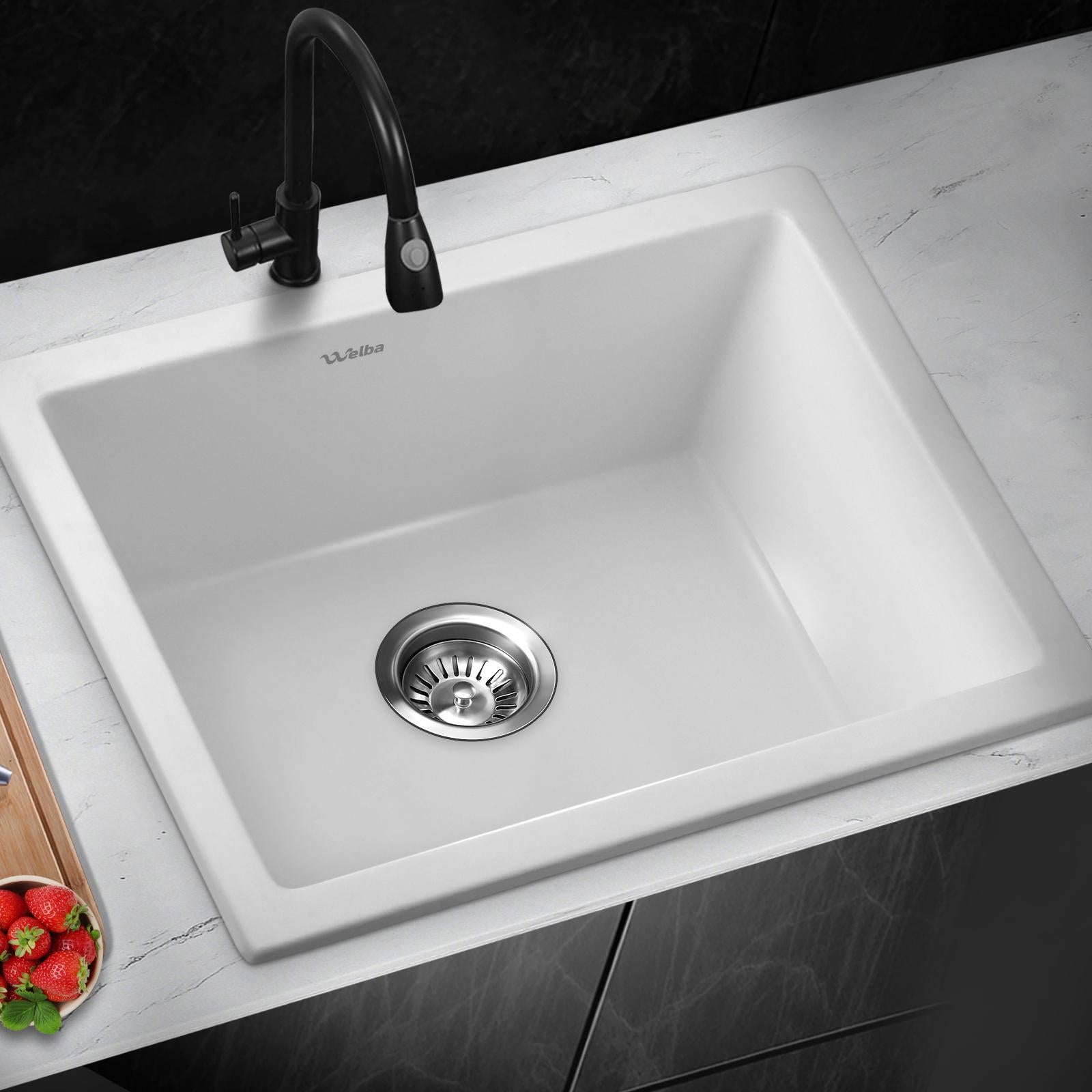 Welba Kitchen Sink 55x45cm Granite Stone Sink Laundry Basin Single Bowl White - Sunyee