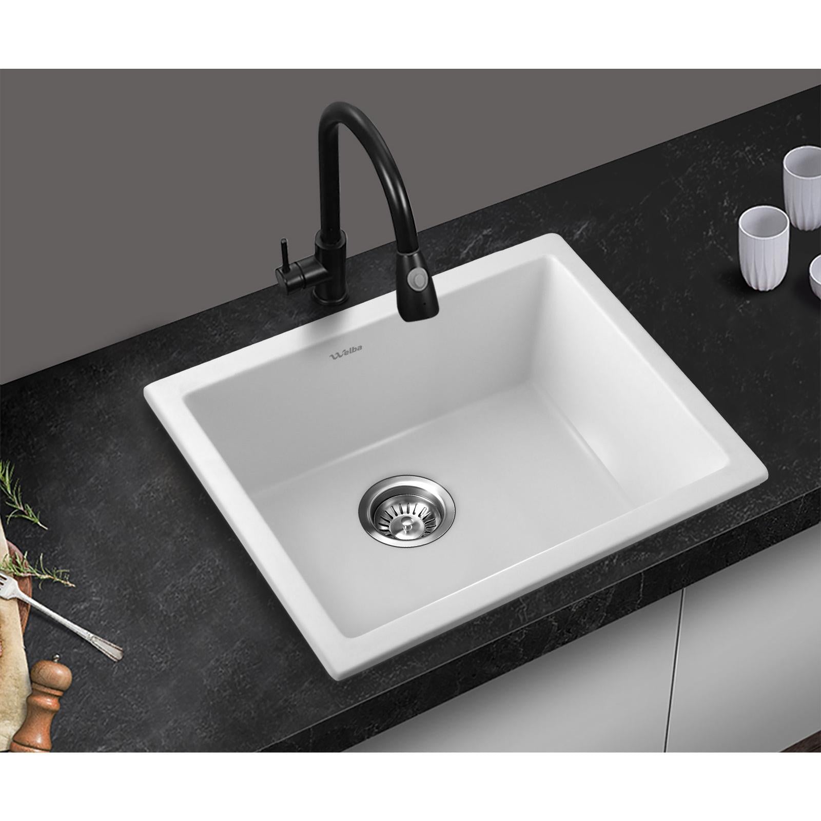 Welba Kitchen Sink 55x45cm Granite Stone Sink Laundry Basin Single Bowl White - Sunyee