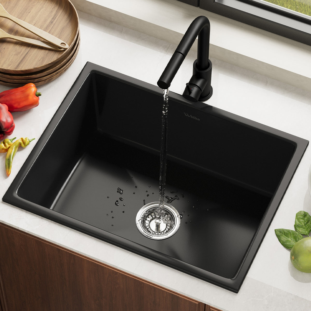 Welba Kitchen Sink Basin with Mixer Tap 59cmx45cm Granite Stonk Faucet Black - Sunyee