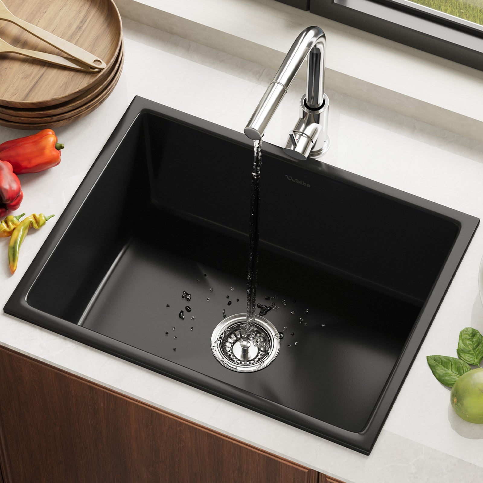 Welba Kitchen Sink with Mixer Tap Granite Stonk Single Bowl 59cmx45cm Black - Sunyee