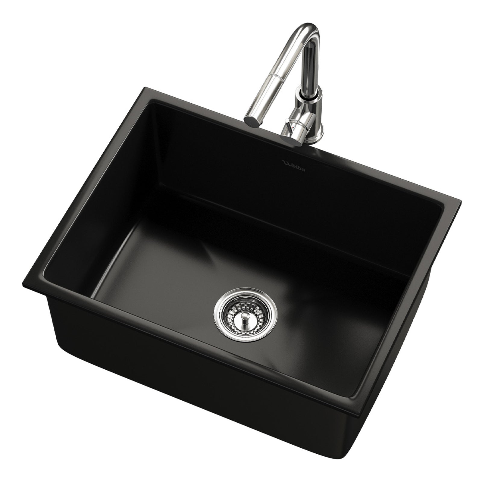 Welba Kitchen Sink with Mixer Tap Granite Stonk Single Bowl 59cmx45cm Black - Sunyee