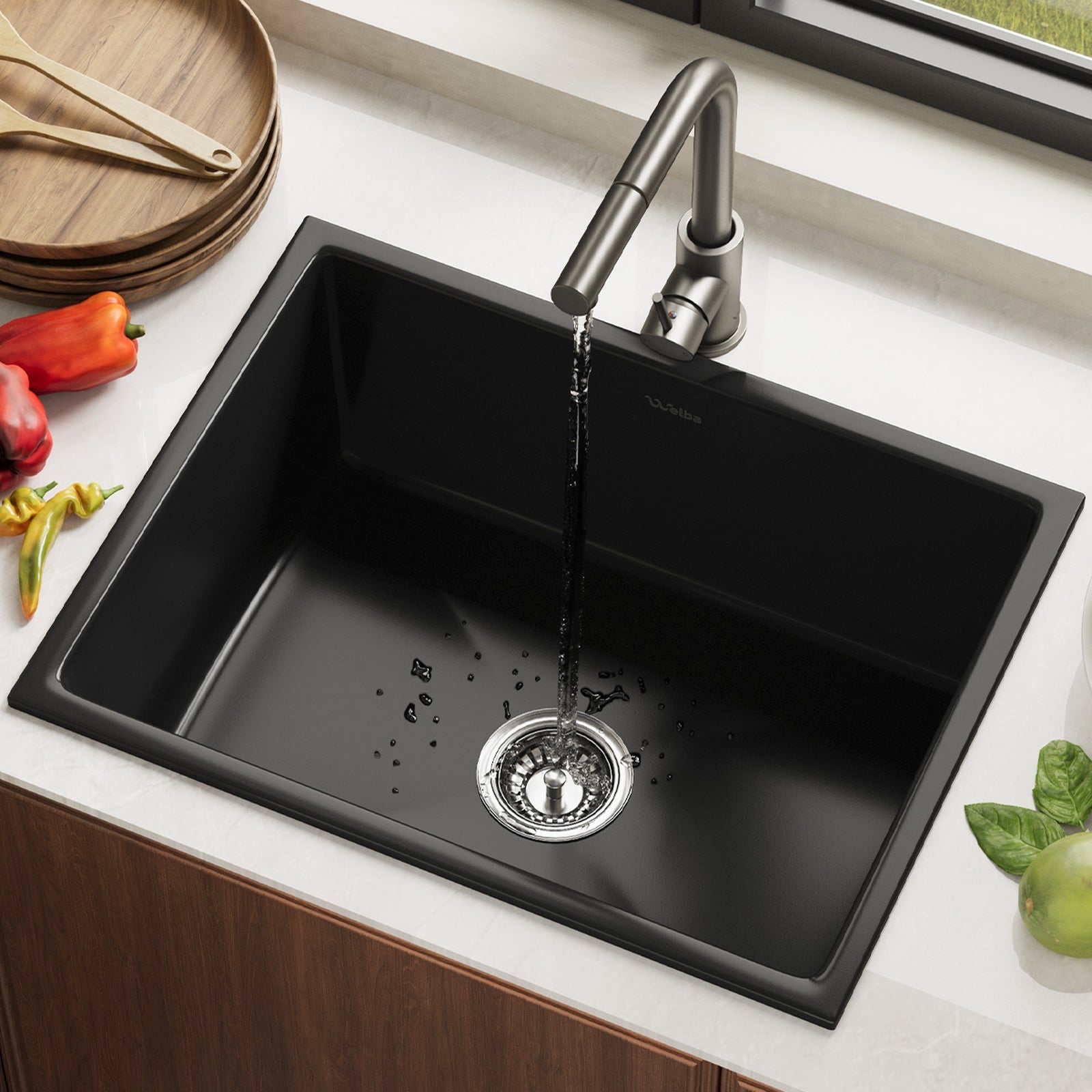 Welba Kitchen Sink with Mixer Tap Faucet Basin Granite Stonk 59cmx45cm Black - Sunyee