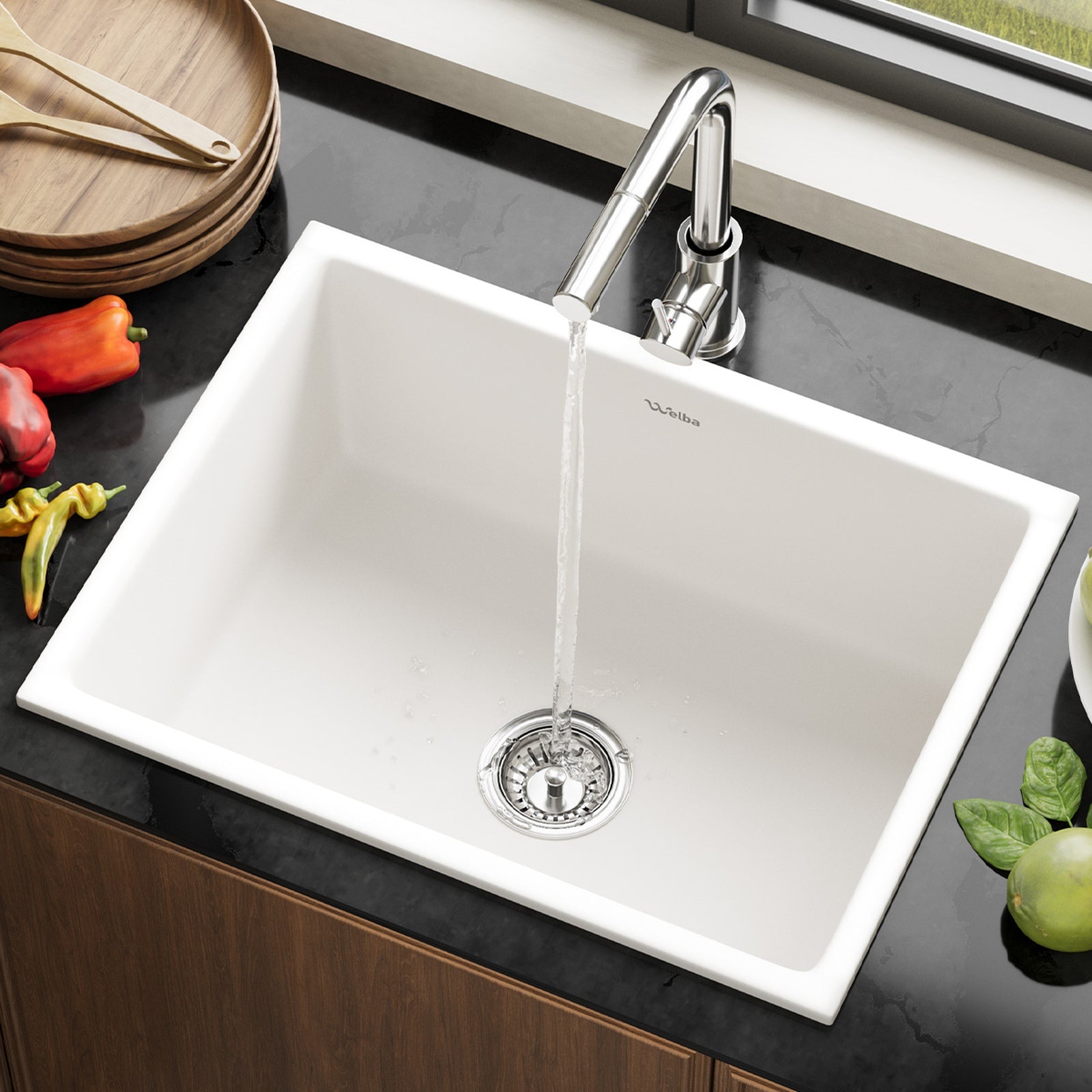 Welba Kitchen Sink with Mixer Tap Faucet Basin Granite Stonk 59cmx45cm Black - Sunyee