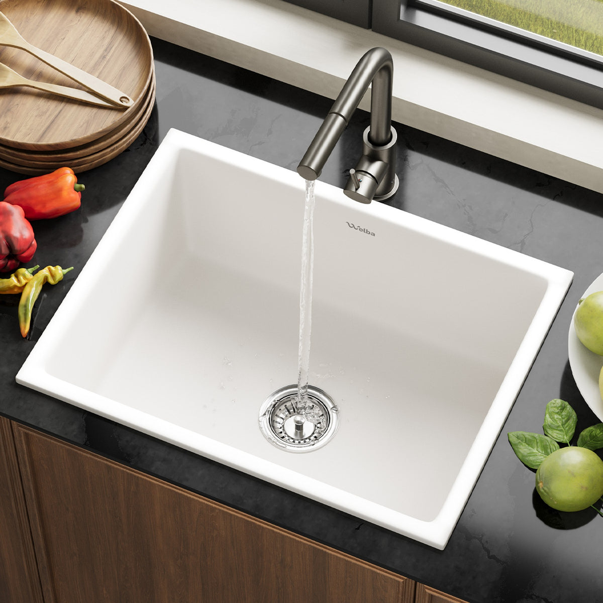 Welba Kitchen Sink with Mixer Tap Faucet Basin Granite Stonk 59cmx45cm White - Sunyee