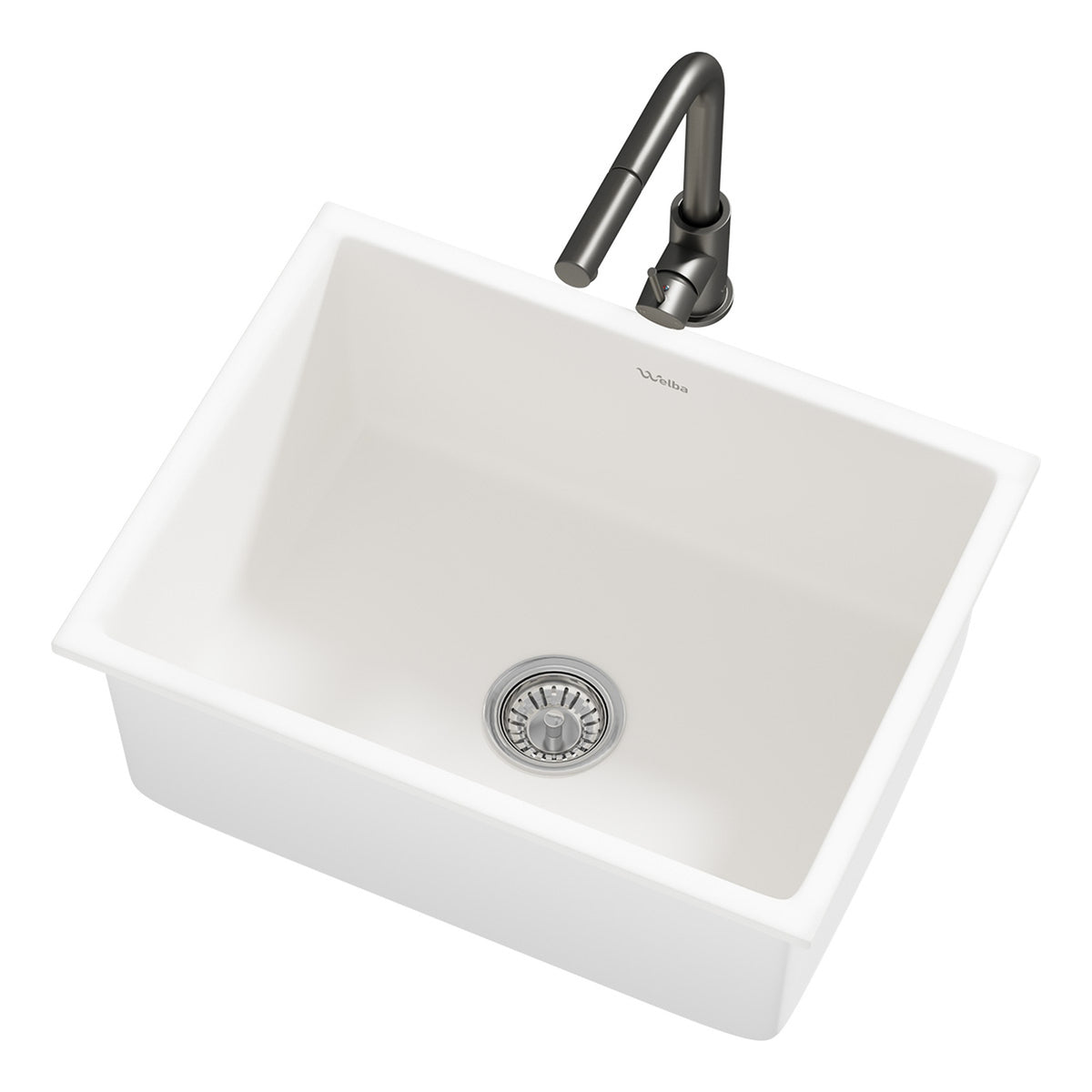 Welba Kitchen Sink with Mixer Tap Faucet Basin Granite Stonk 59cmx45cm White - Sunyee