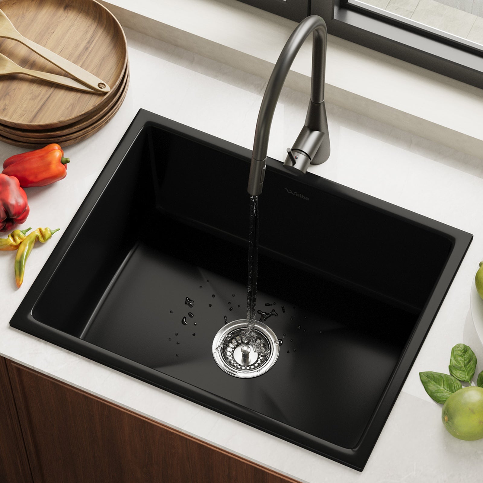 Welba Kitchen Sink with Mixer Tap 59cmx45cm Granite Stonk Single Bowl Black - Sunyee