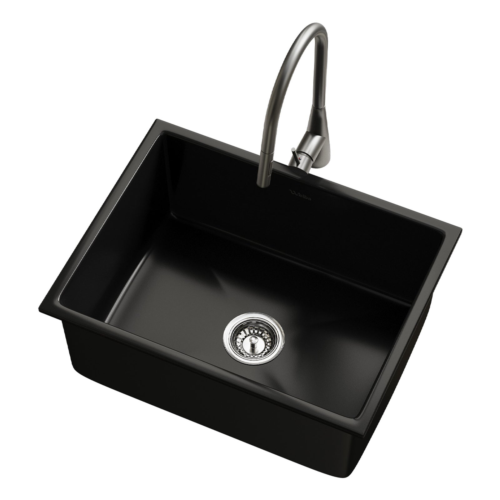 Welba Kitchen Sink with Mixer Tap 59cmx45cm Granite Stonk Single Bowl Black - Sunyee