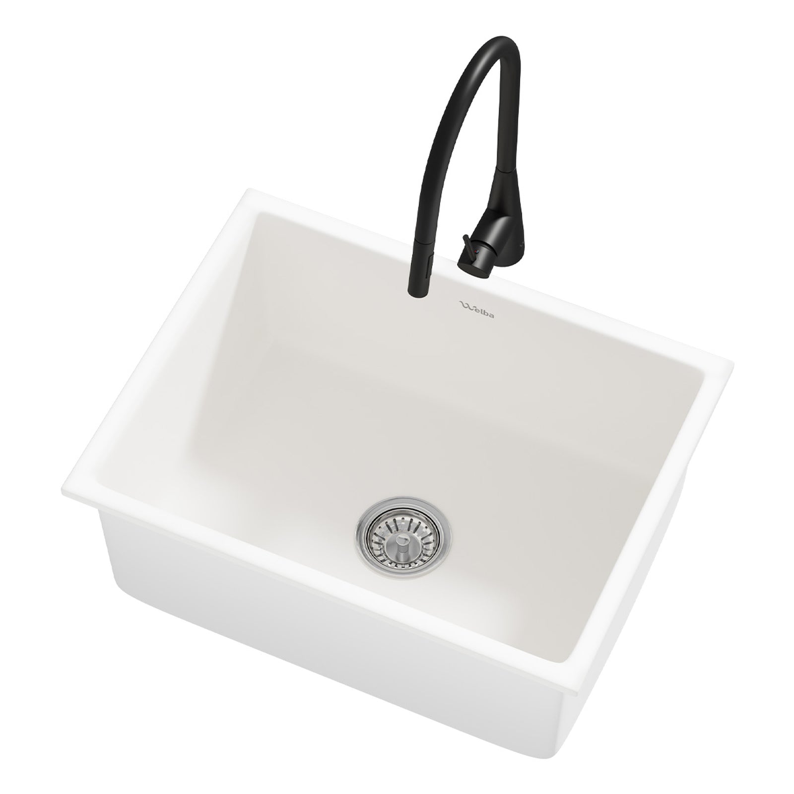 Welba Kitchen Sink Basin Granite Stonk with Mixer Tap Faucet 59cmx45cm White - Sunyee