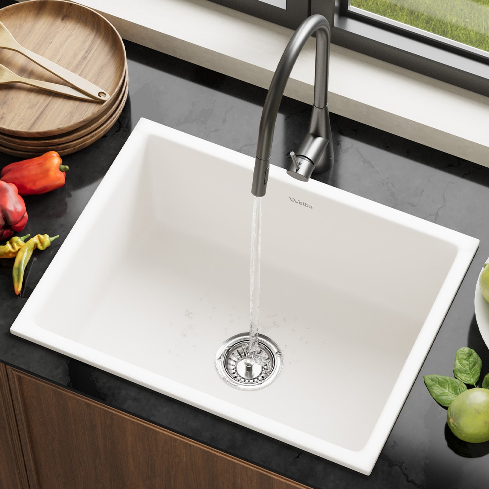 Welba Kitchen Sink with Mixer Tap 59cmx45cm Granite Stonk Single Bowl White - Sunyee