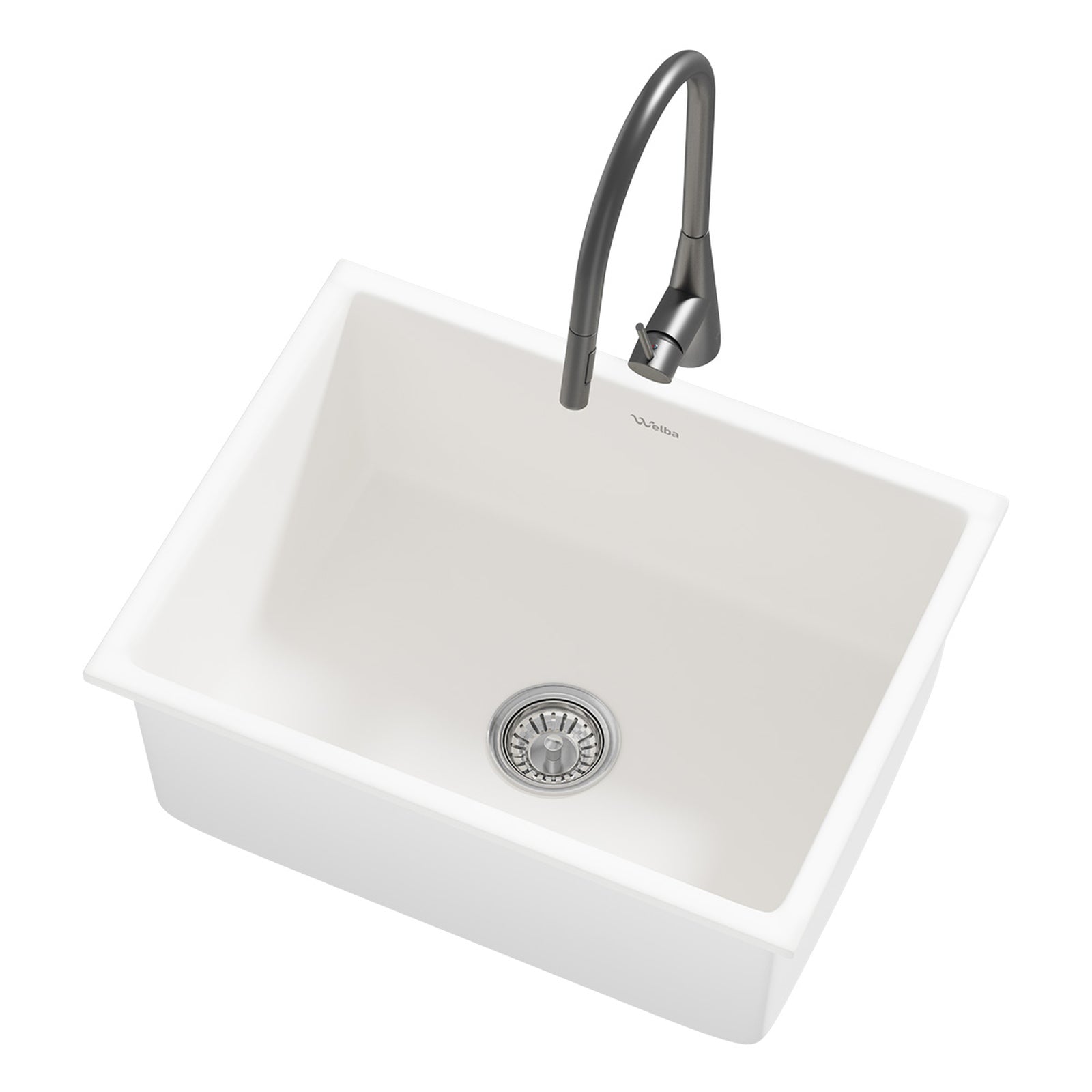 Welba Kitchen Sink with Mixer Tap 59cmx45cm Granite Stonk Single Bowl White - Sunyee
