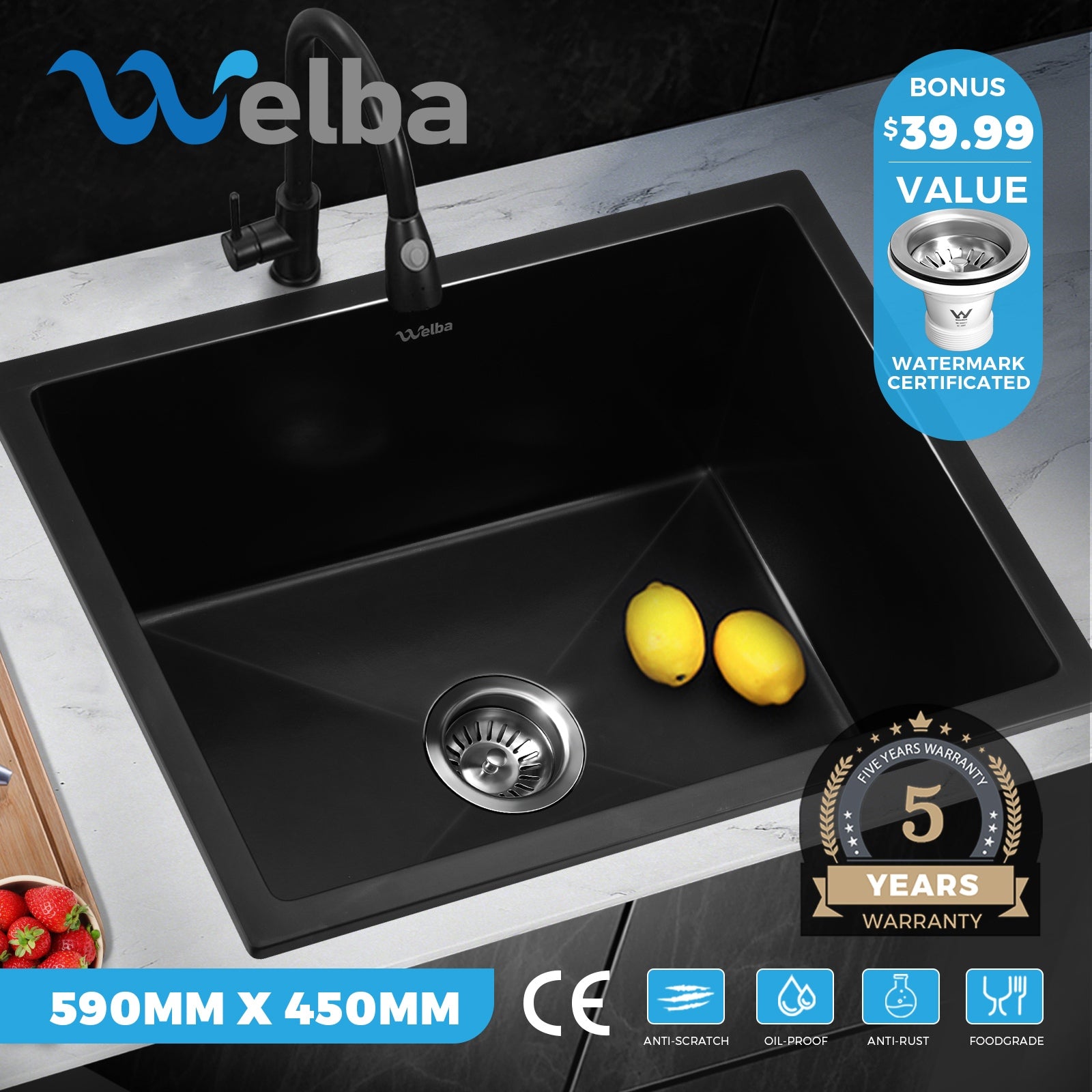 Welba Kitchen Sink Basin Stone Sink Bathroom Laundry Single Double Bowl - Sunyee