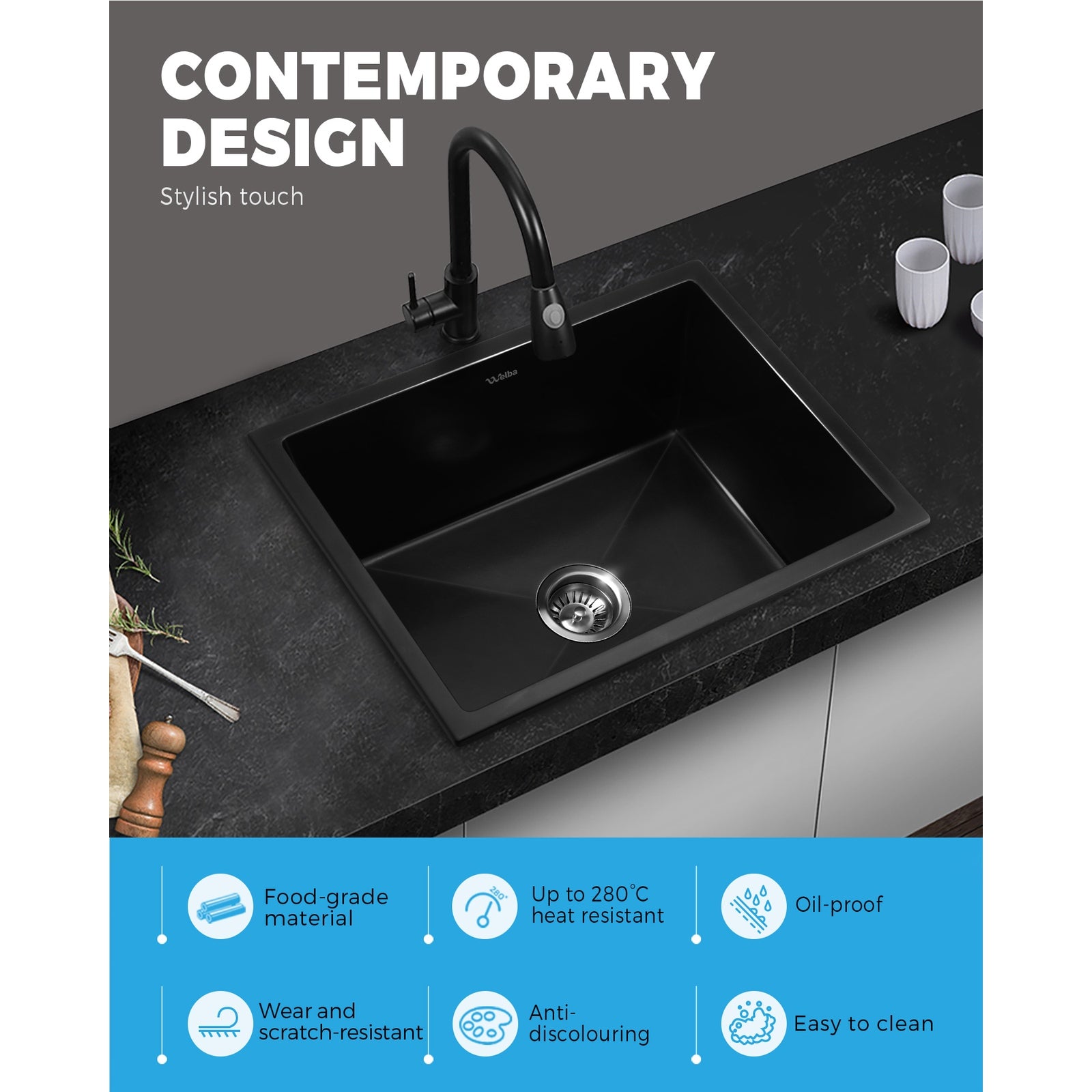 Welba Stone Granite Kitchen Sink Bathroom Basin Sink Under/Top Mount Single Bowl - Sunyee
