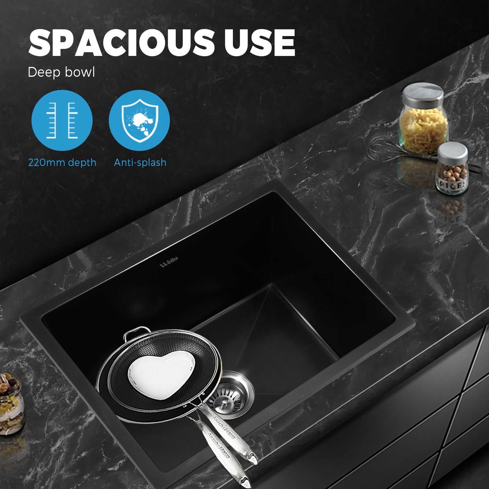 Welba Stone Granite Kitchen Sink Bathroom Basin Sink Under/Top Mount Single Bowl - Sunyee