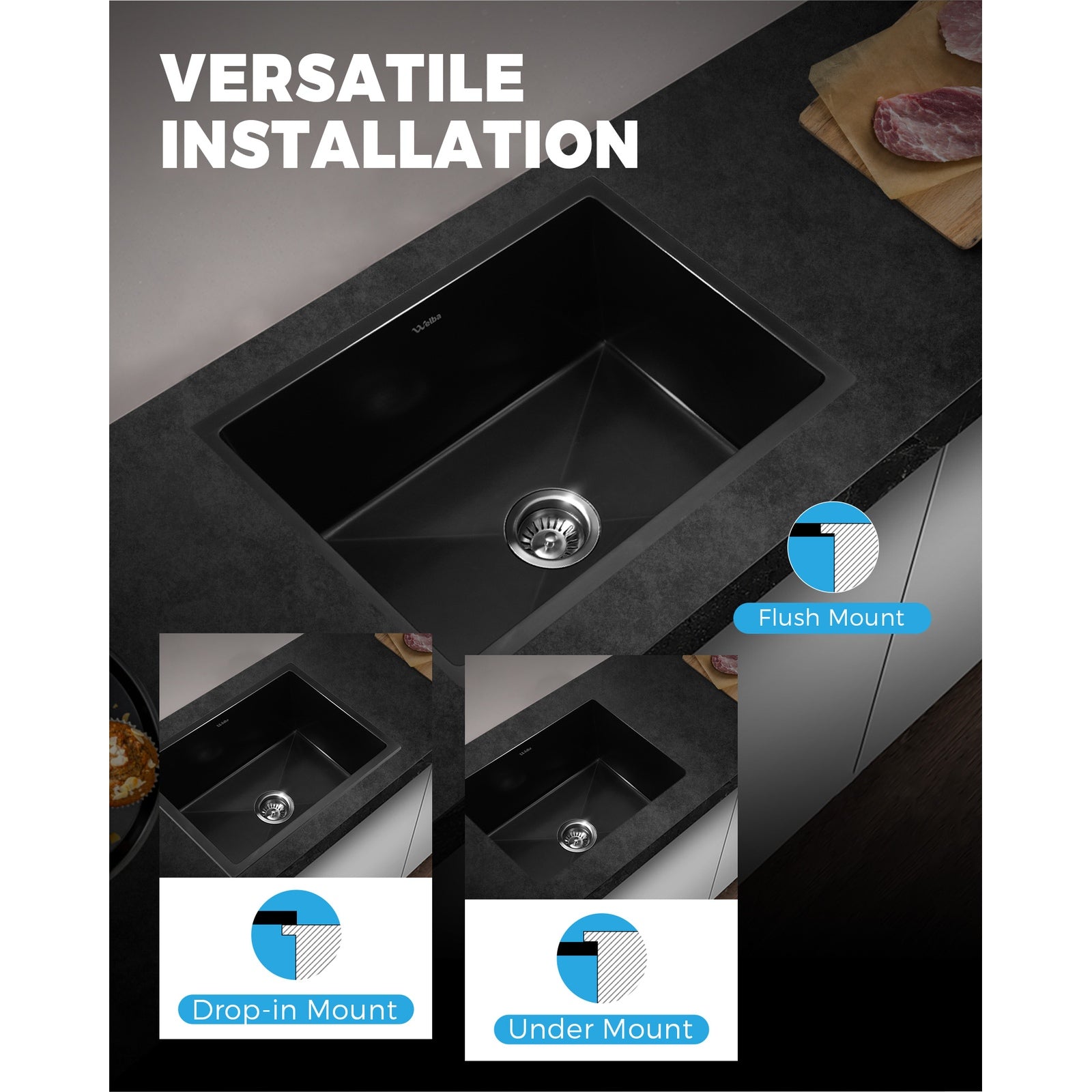 Welba Stone Granite Kitchen Sink Bathroom Basin Sink Under/Top Mount Single Bowl - Sunyee