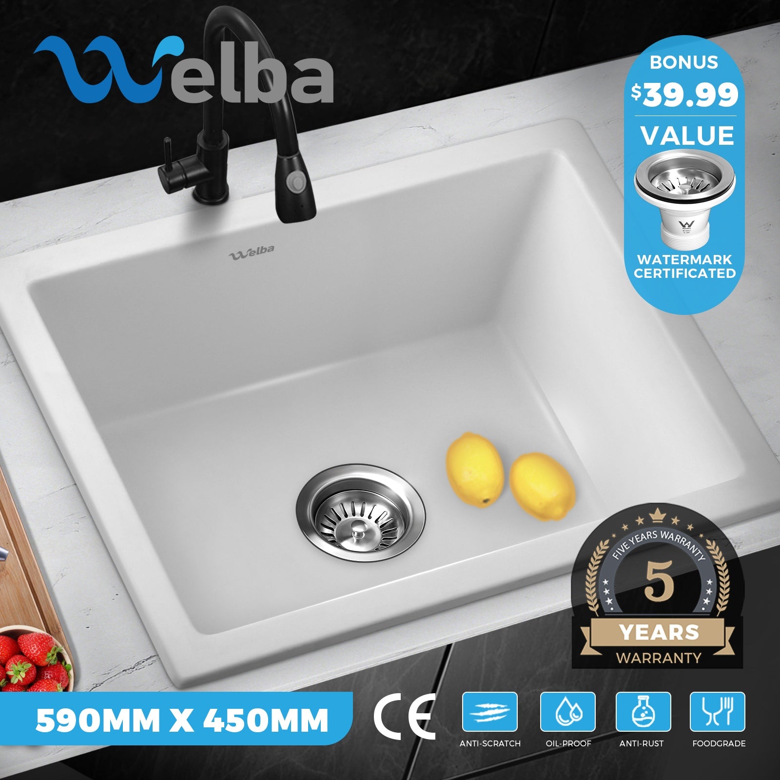 Welba Kitchen Sink Basin Stone Sink Bathroom Laundry Single Double Bowl - Sunyee