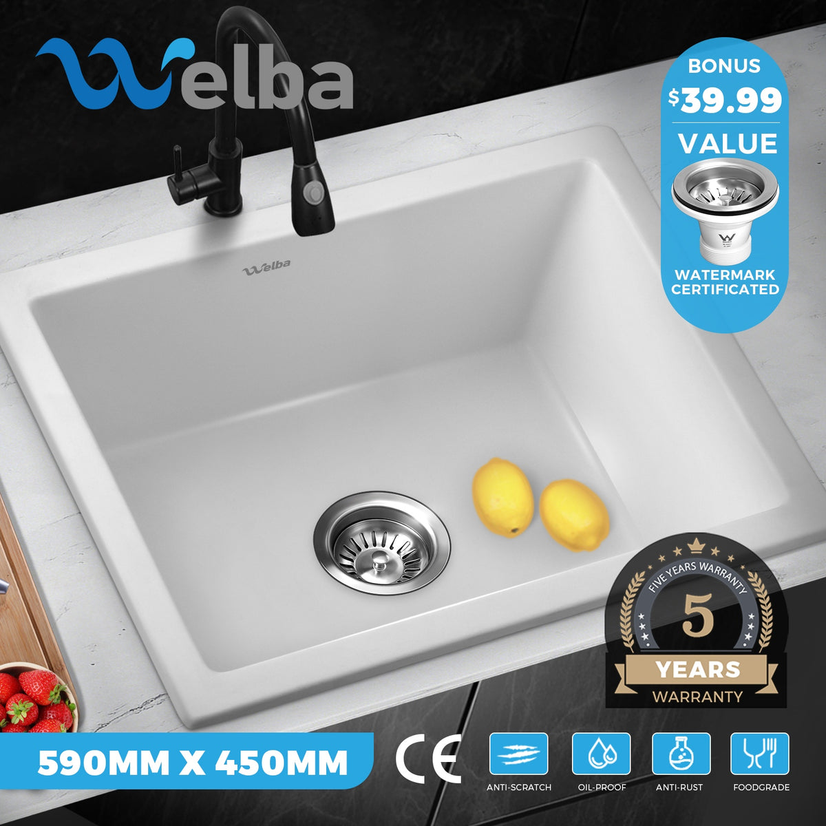 Welba Kitchen Sink Basin Stone Sink Bathroom Laundry Single Double Bowl - Sunyee