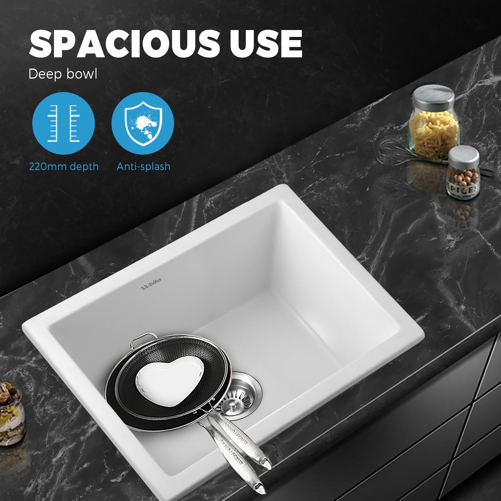 Welba Stone Granite Kitchen Sink Bathroom Basin Sink Under/Top Mount Single Bowl - Sunyee