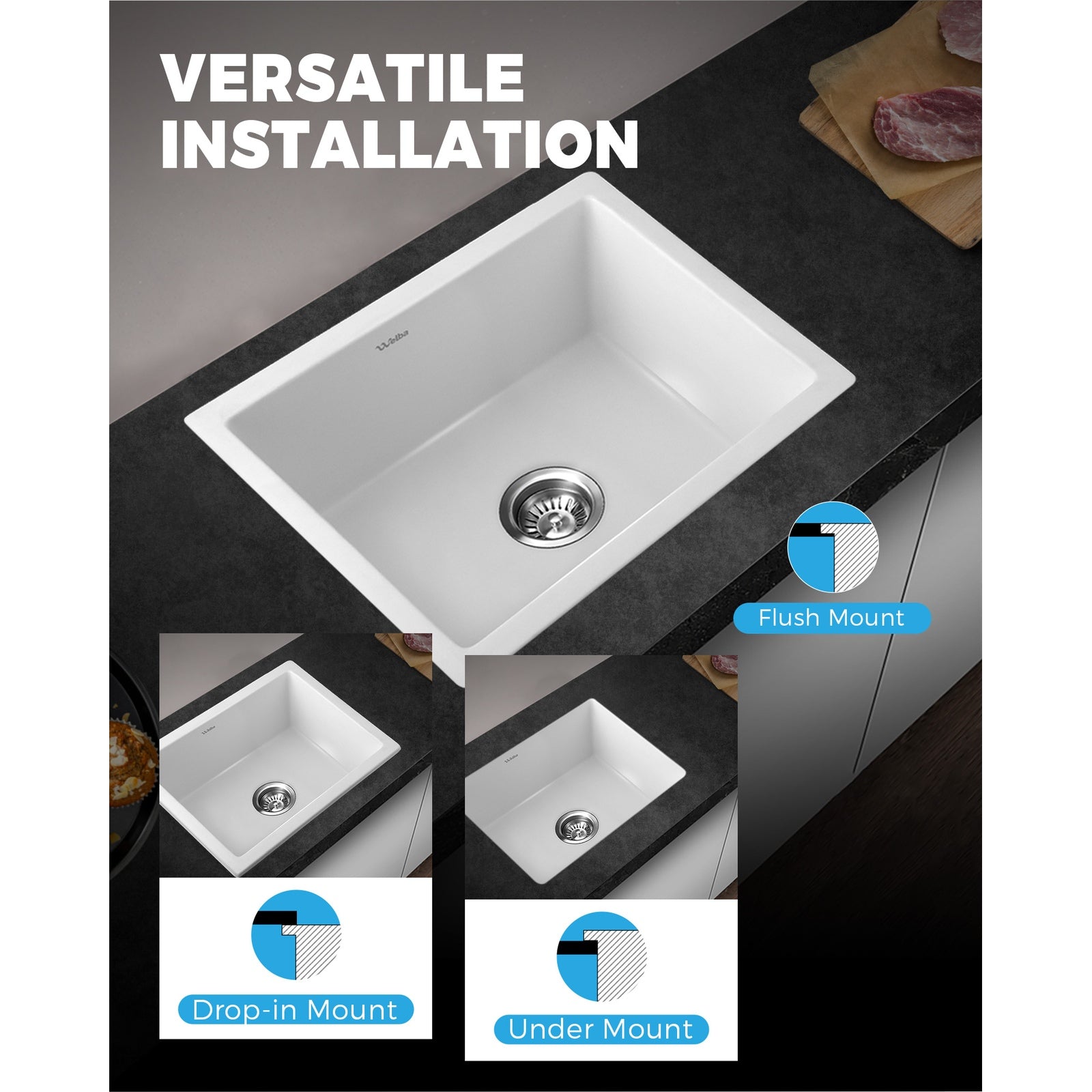 Welba Stone Granite Kitchen Sink Bathroom Basin Sink Under/Top Mount Single Bowl - Sunyee