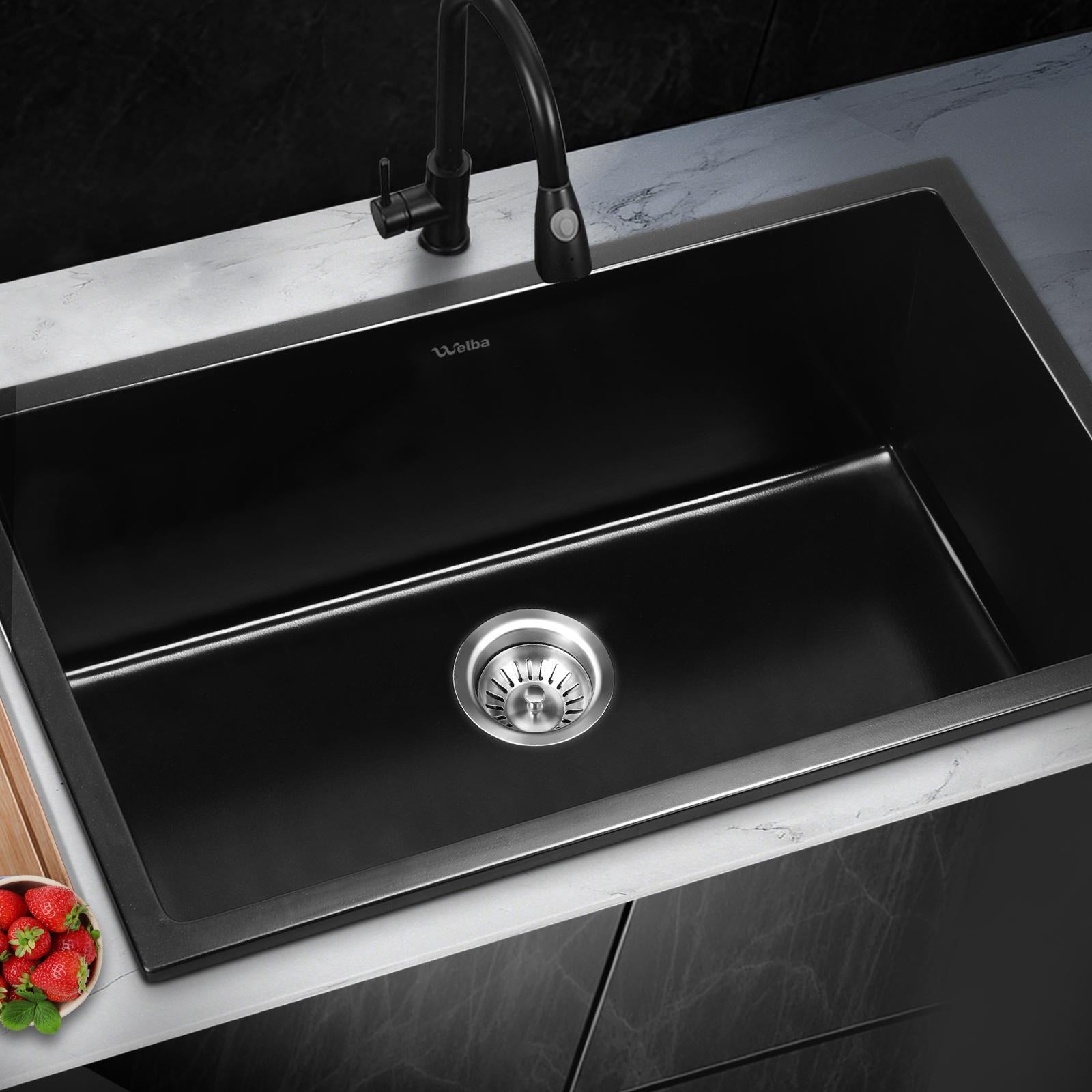 Welba Kitchen Sink 70x45cm Granite Stone Sink Laundry Basin Single Bowl Black - Sunyee
