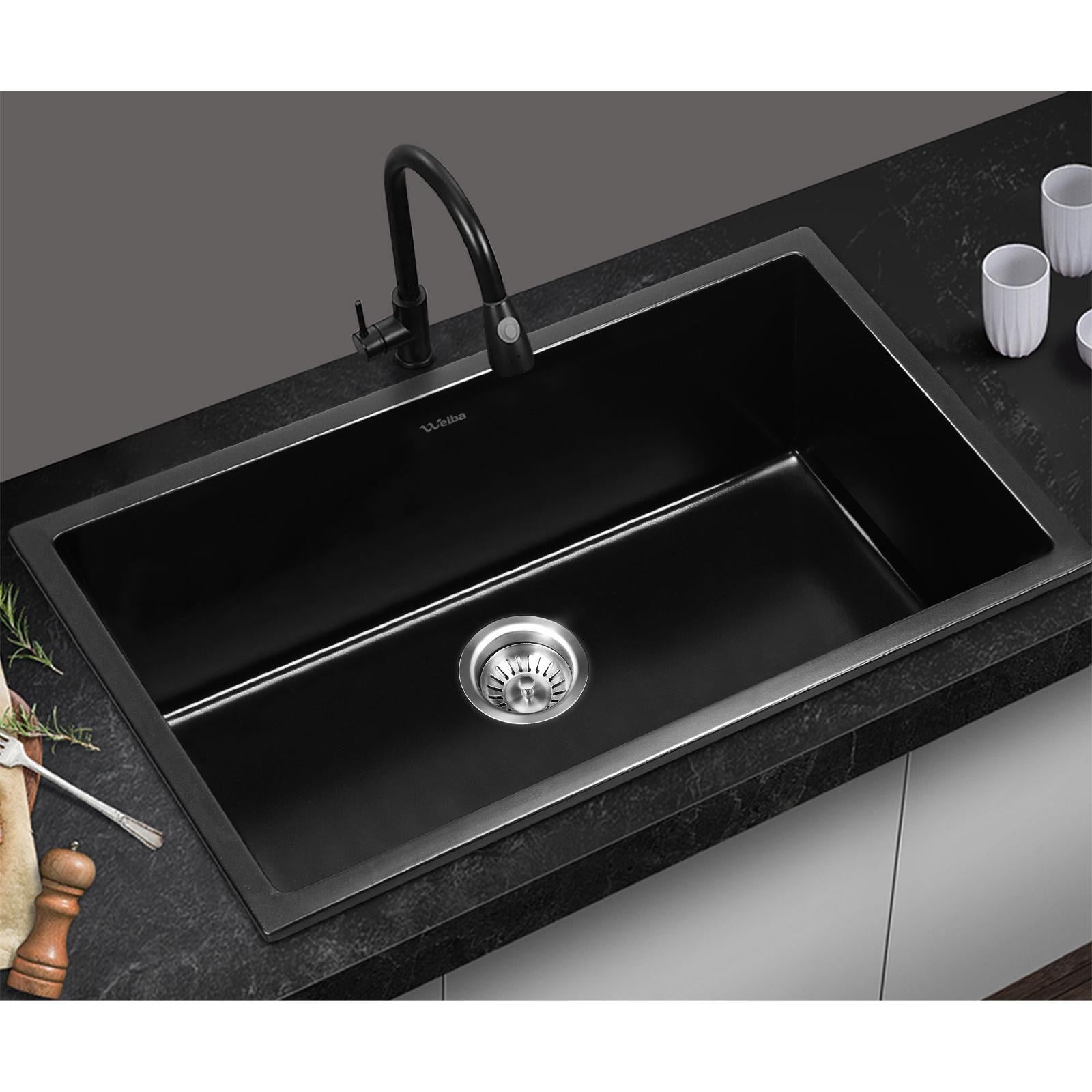 Welba Kitchen Sink 70x45cm Granite Stone Sink Laundry Basin Single Bowl Black - Sunyee