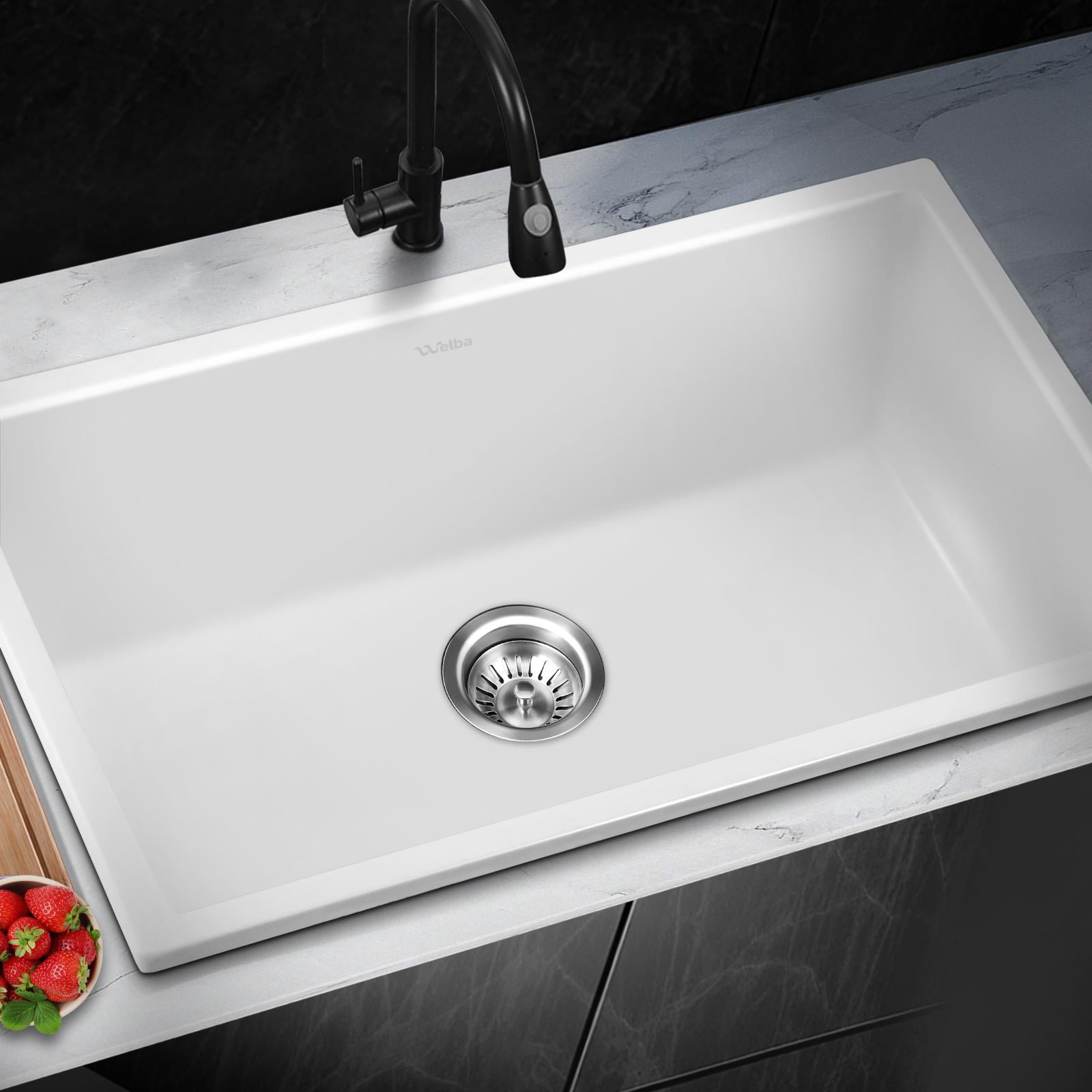 Welba Kitchen Sink 70x45cm Granite Stone Sink Laundry Basin Single Bowl White - Sunyee