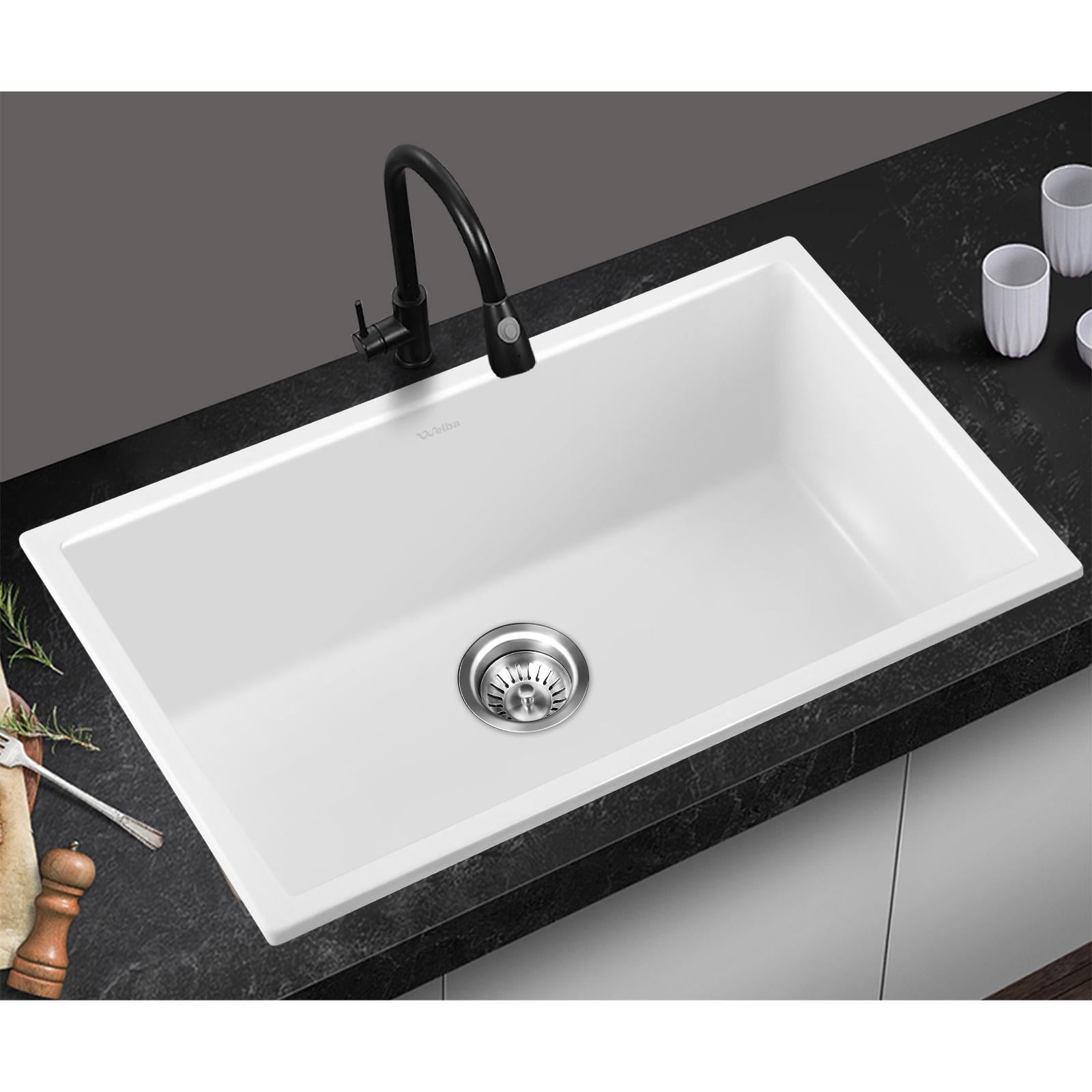 Welba Kitchen Sink 70x45cm Granite Stone Sink Laundry Basin Single Bowl White - Sunyee