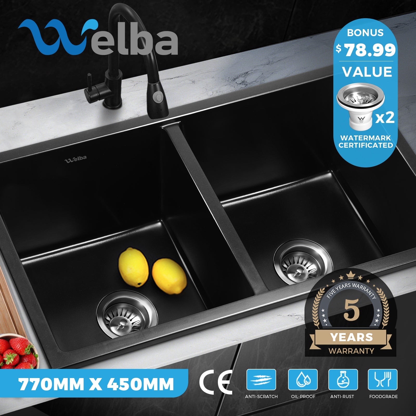 Welba Kitchen Sink Basin Stone Sink Bathroom Laundry Single Double Bowl - Sunyee