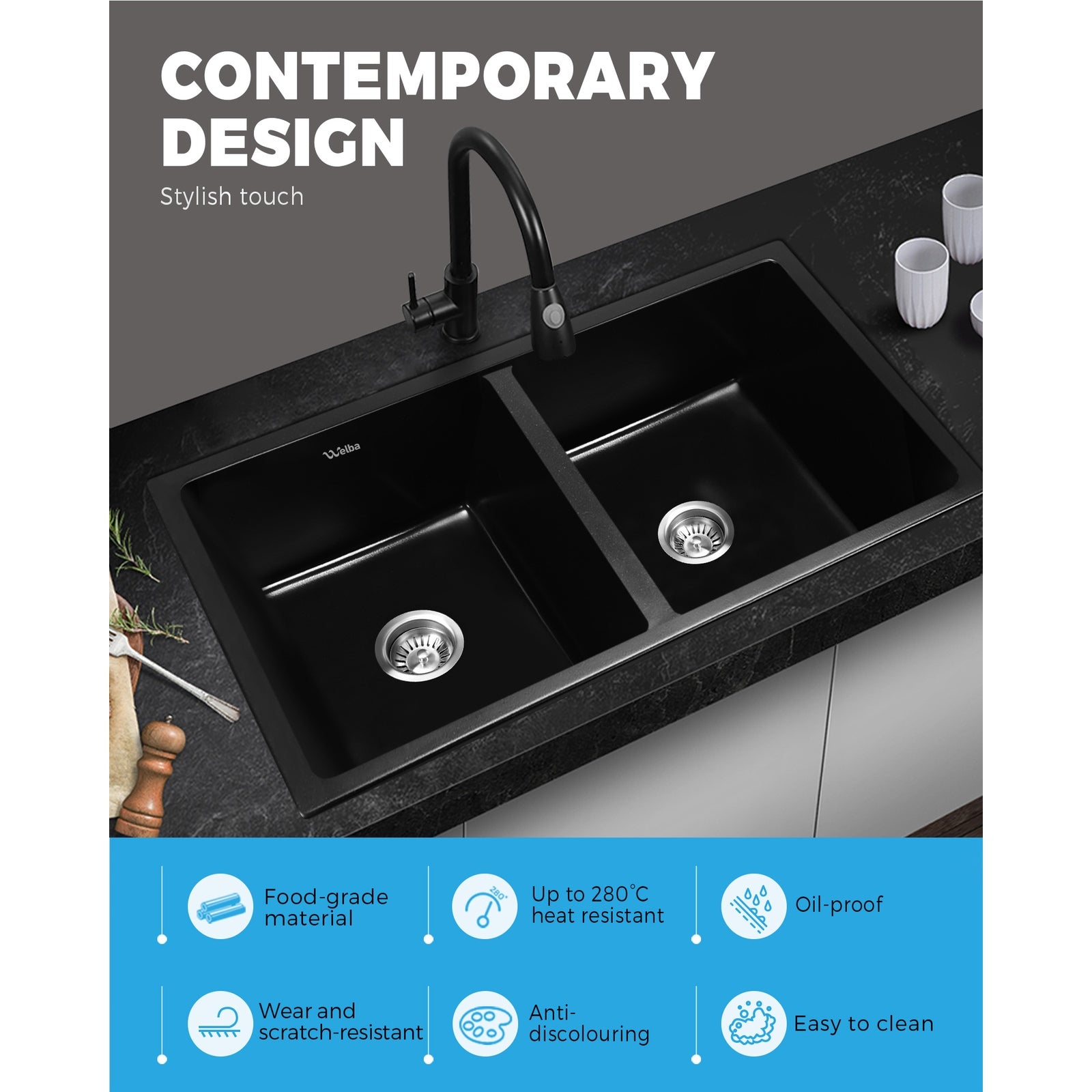 Welba Stone Granite Kitchen Sink Bathroom Basin Sink Under/Top Mount Double Bowl - Sunyee