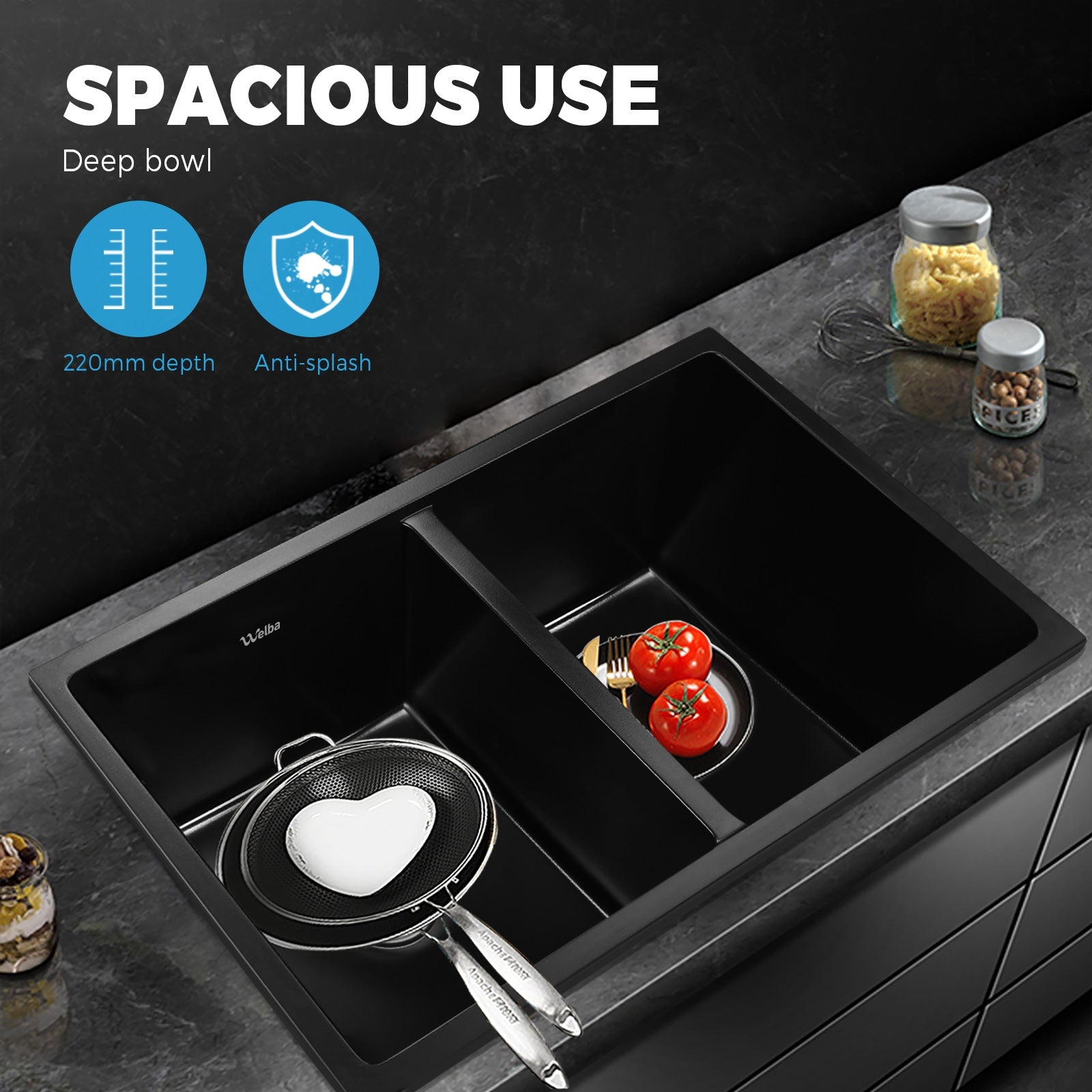 Welba Stone Granite Kitchen Sink Bathroom Basin Sink Under/Top Mount Double Bowl - Sunyee