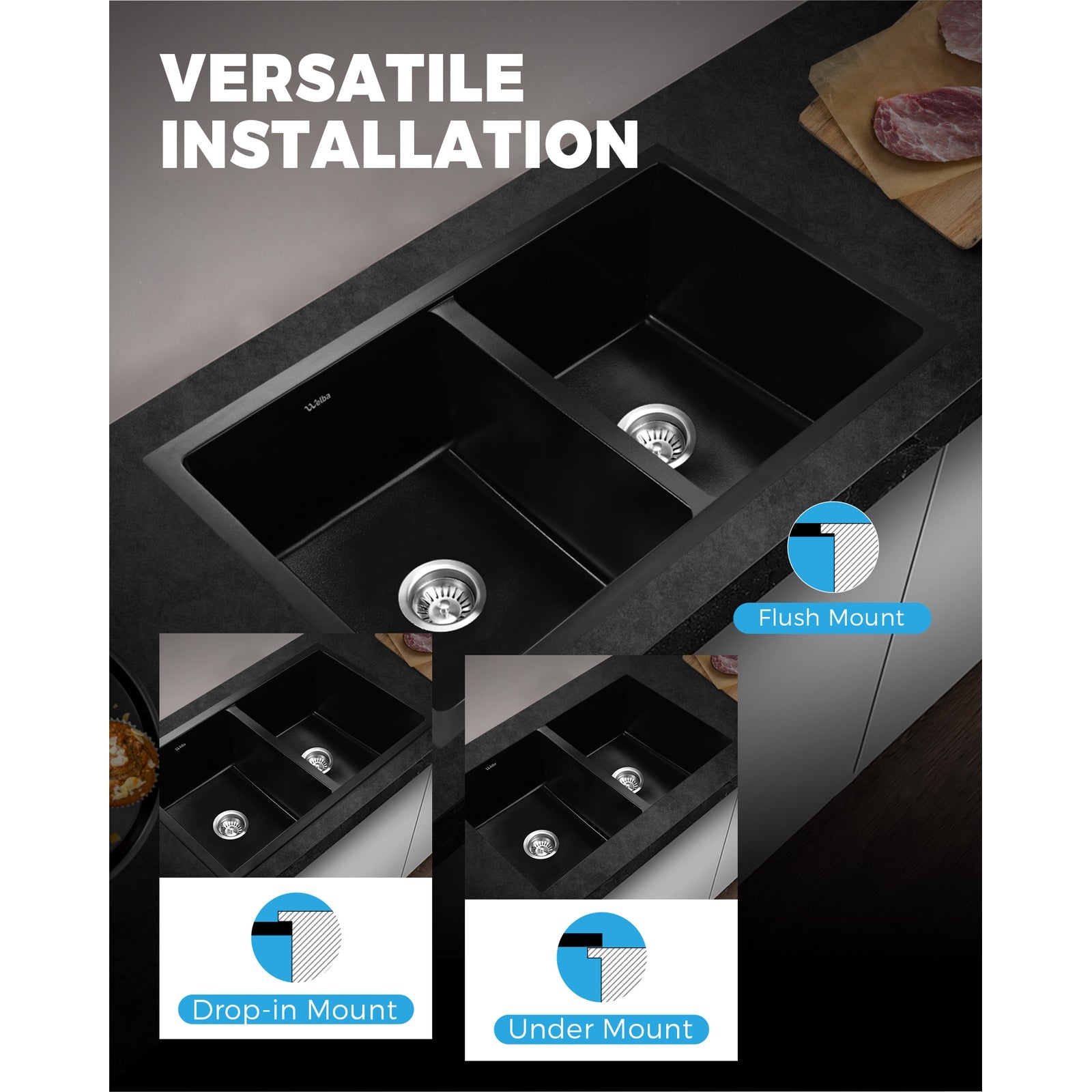 Welba Stone Granite Kitchen Sink Bathroom Basin Sink Under/Top Mount Double Bowl - Sunyee