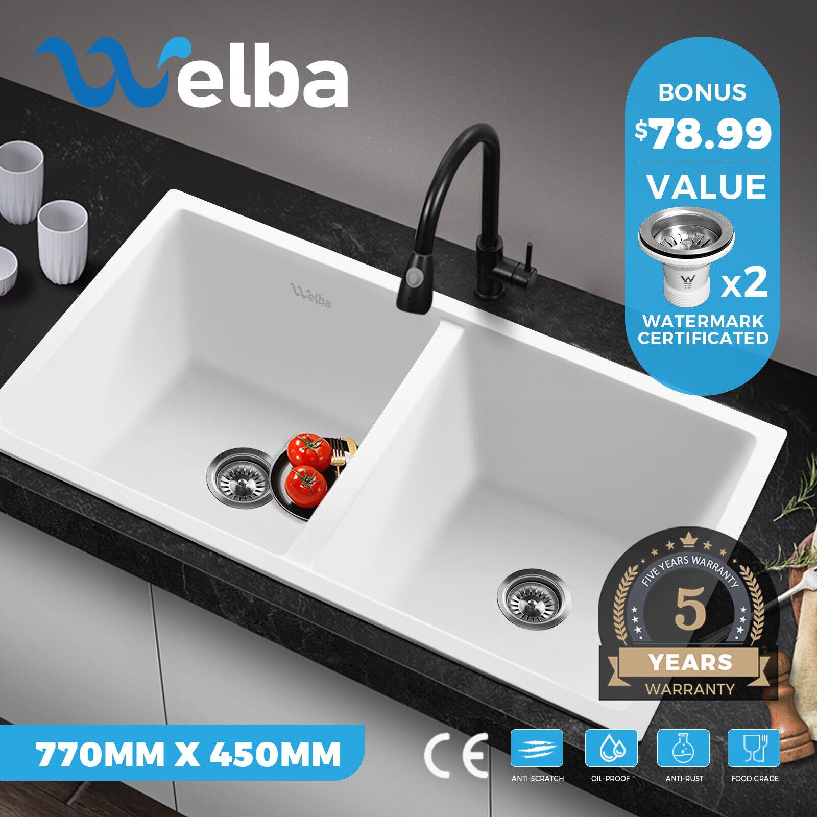 Welba Kitchen Sink Basin Stone Sink Bathroom Laundry Single Double Bowl - Sunyee