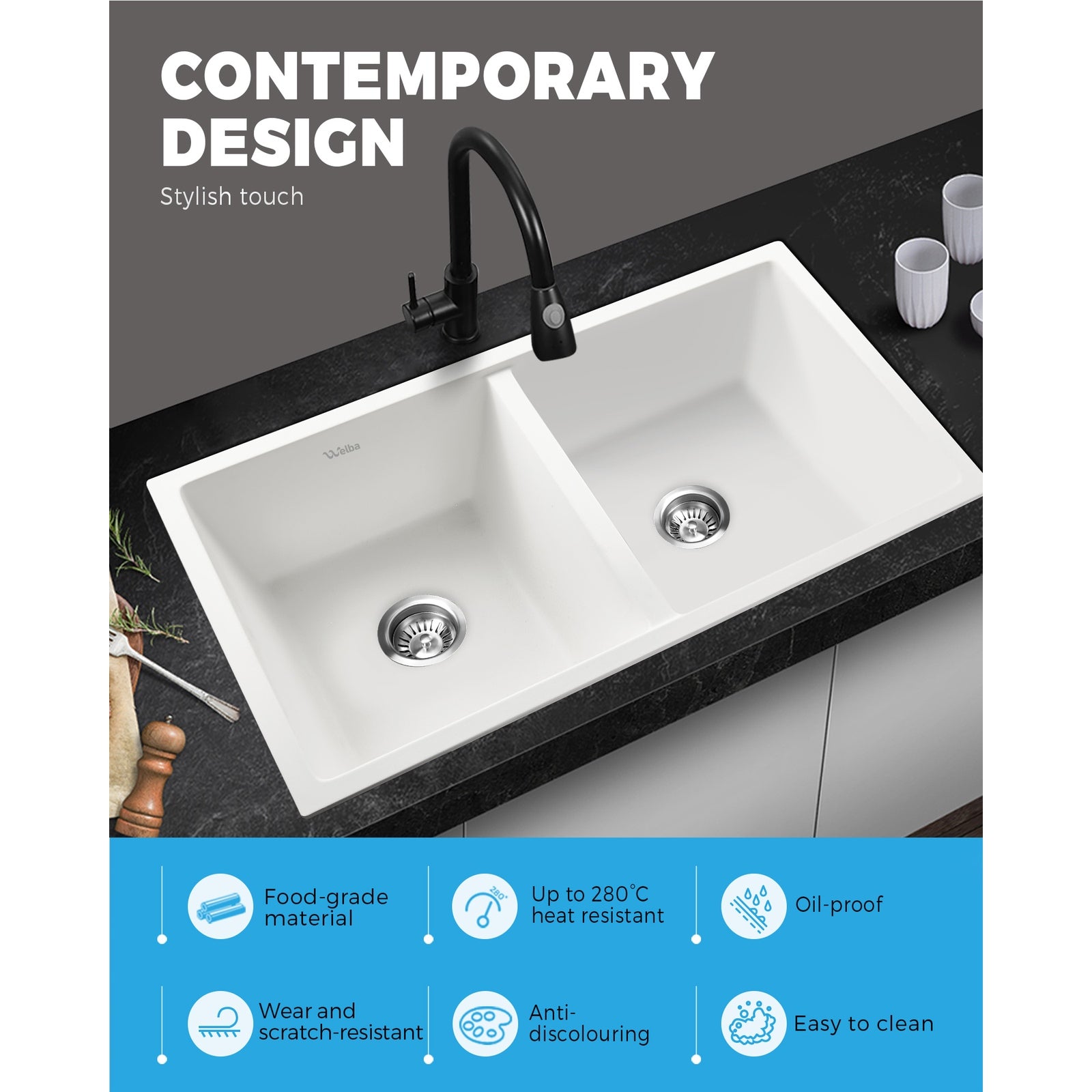 Welba Stone Granite Kitchen Sink Bathroom Basin Sink Under/Top Mount Double Bowl - Sunyee