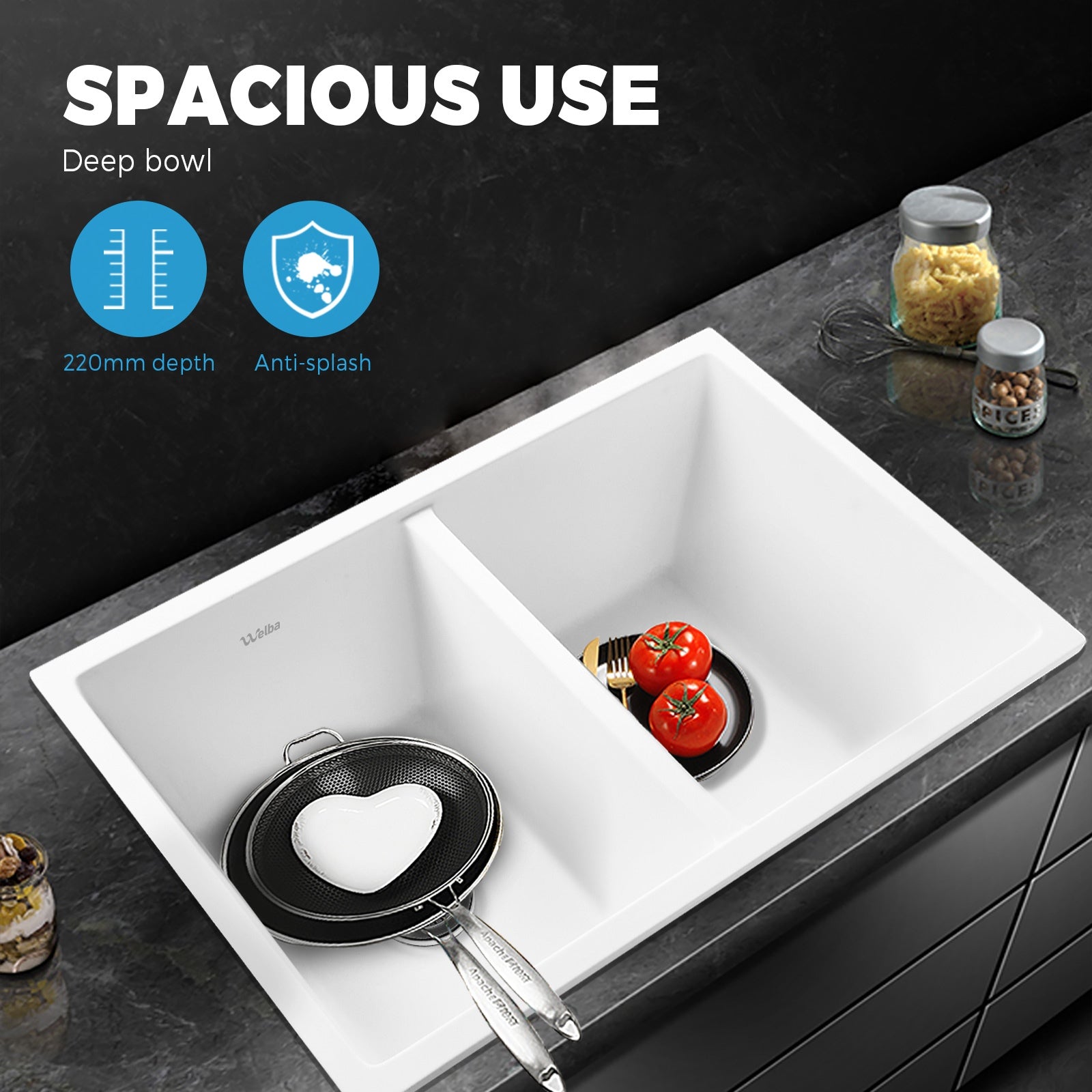 Welba Stone Granite Kitchen Sink Bathroom Basin Sink Under/Top Mount Double Bowl - Sunyee