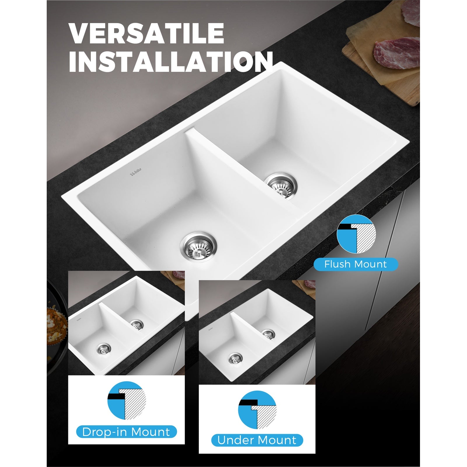 Welba Stone Granite Kitchen Sink Bathroom Basin Sink Under/Top Mount Double Bowl - Sunyee