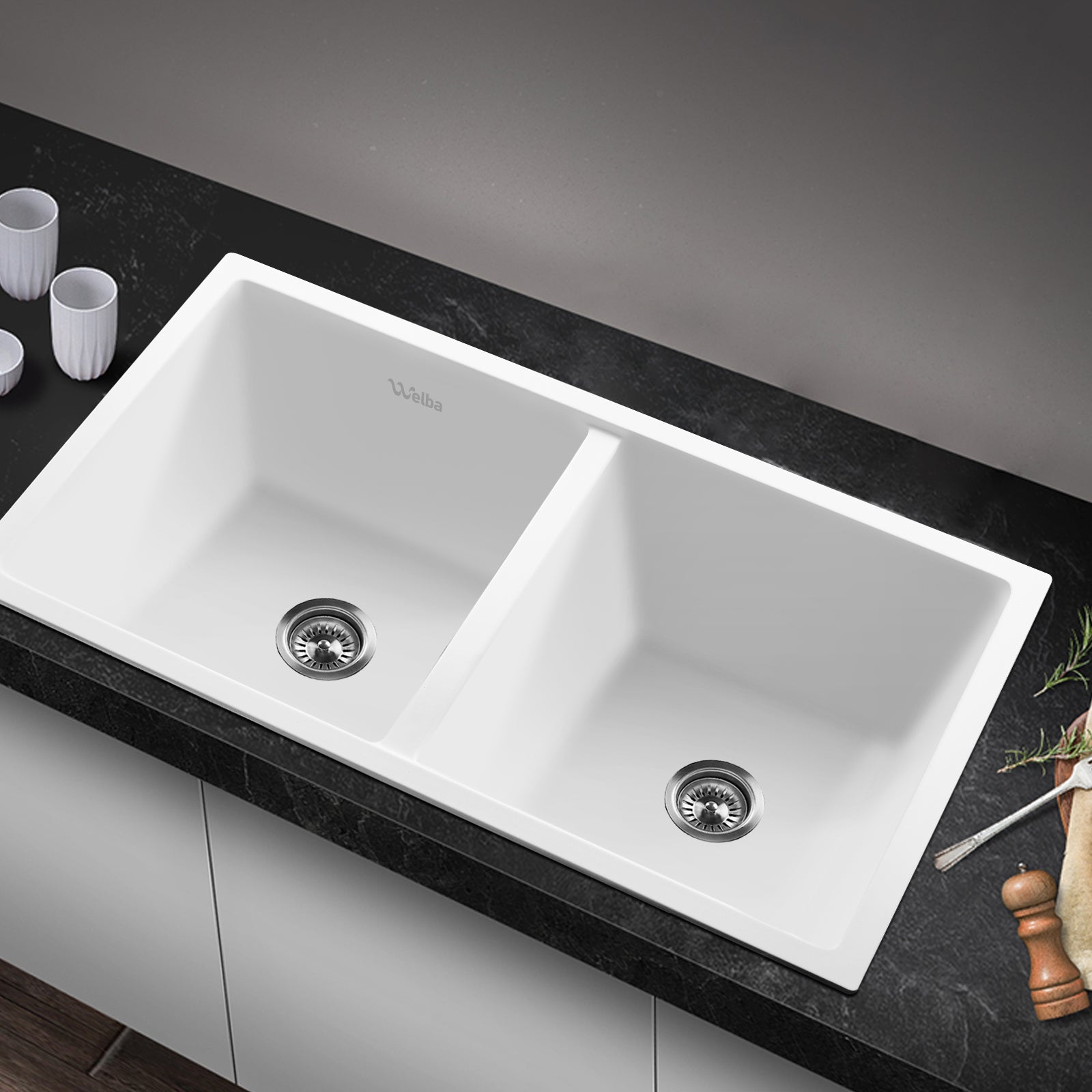 Welba Stone Granite Kitchen Sink Bathroom Basin Sink Under/Top Mount Double Bowl - Sunyee