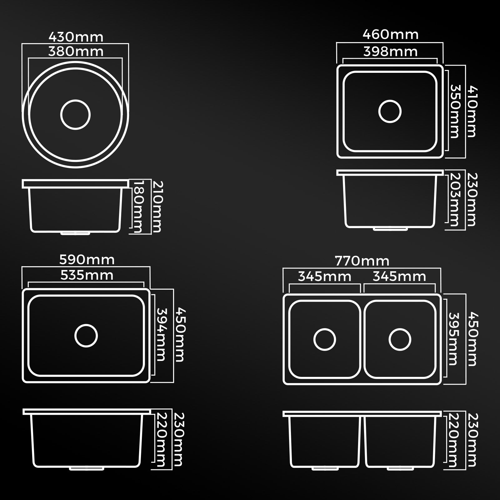 Welba Kitchen Sink Basin Stone Sink Bathroom Laundry Single Double Bowl - Sunyee