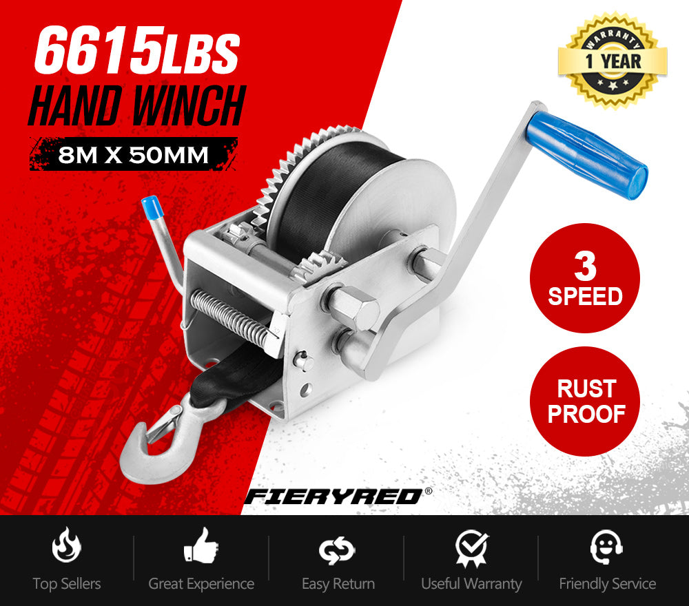 3000KG/6615LBS Hand Winch 3 Speed Dyneema Webbing Strap Boat Car Marine 4WD 8M - Sunyee