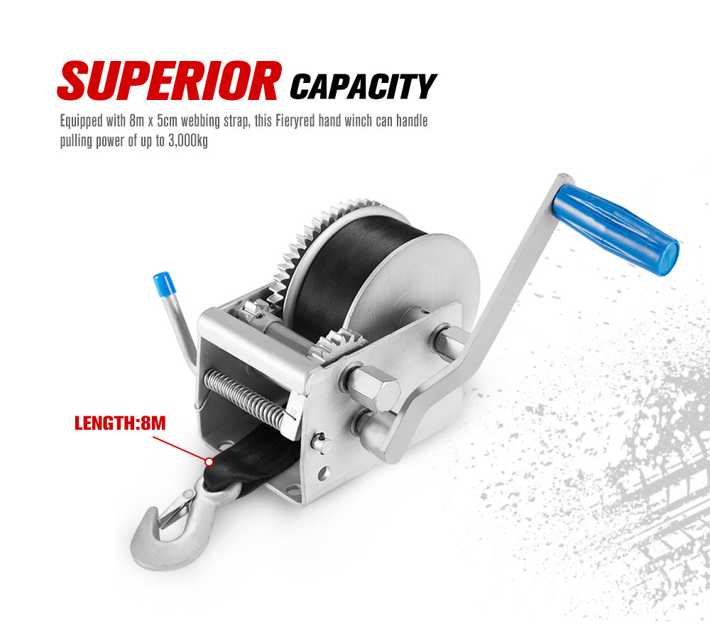 3000KG/6615LBS Hand Winch 3 Speed Dyneema Webbing Strap Boat Car Marine 4WD 8M - Sunyee