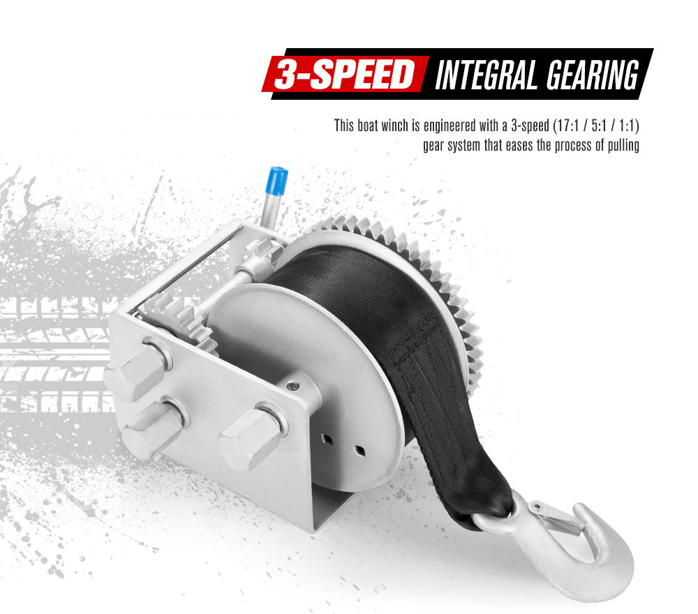 3000KG/6615LBS Hand Winch 3 Speed Dyneema Webbing Strap Boat Car Marine 4WD 8M - Sunyee