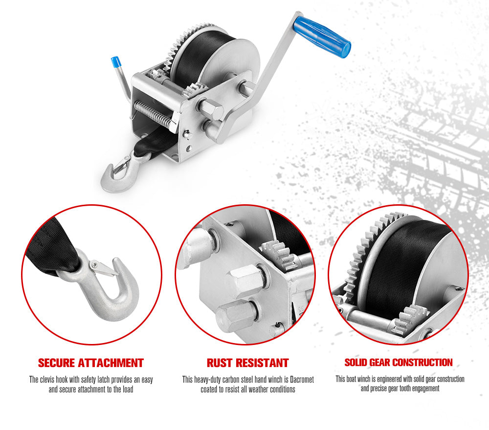 3000KG/6615LBS Hand Winch 3 Speed Dyneema Webbing Strap Boat Car Marine 4WD 8M - Sunyee