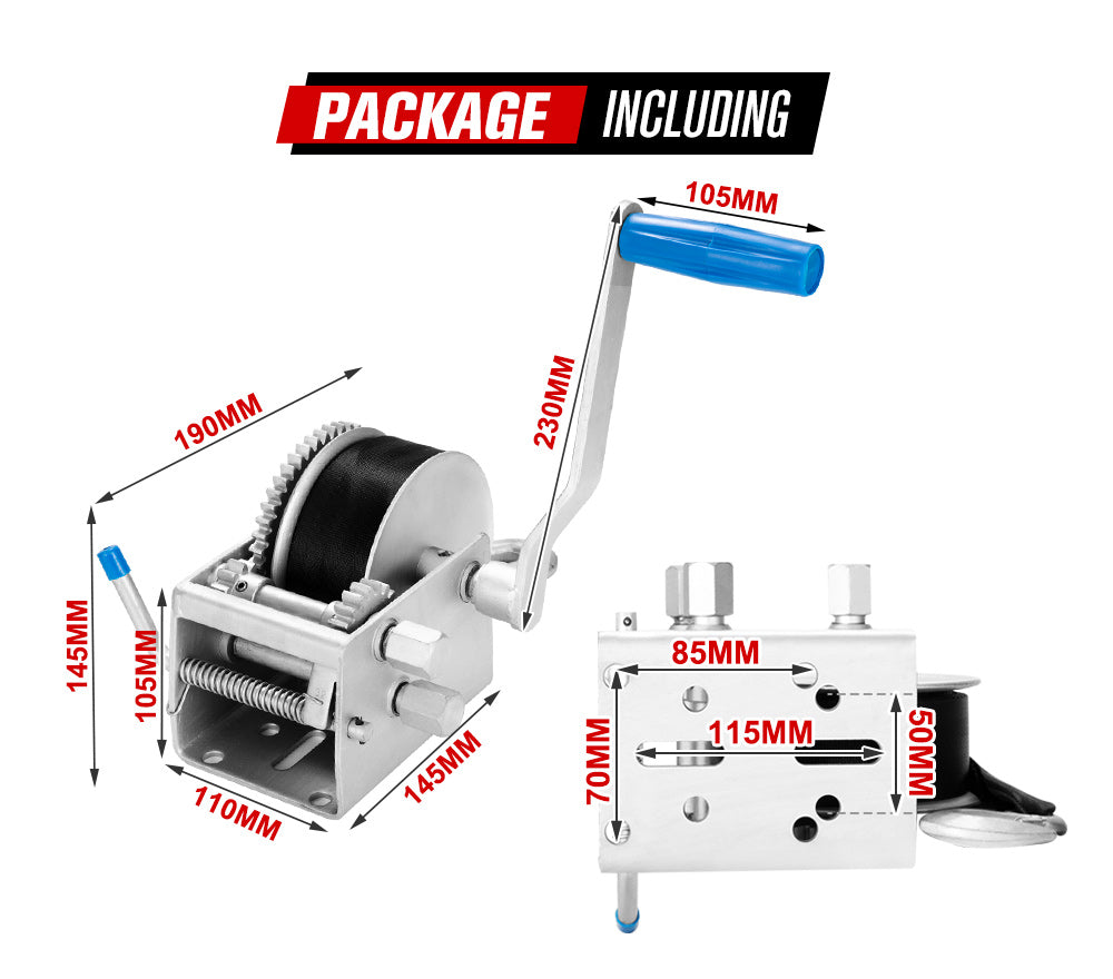 3000KG/6615LBS Hand Winch 3 Speed Dyneema Webbing Strap Boat Car Marine 4WD 8M - Sunyee