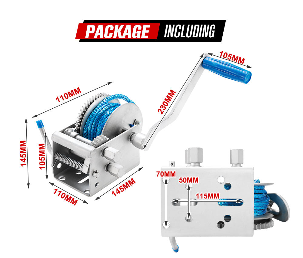 Hand Winch 2000KG/4410LBS 3 Speed Dyneema Synthetic Rope Boat Car Marine 10M - Sunyee