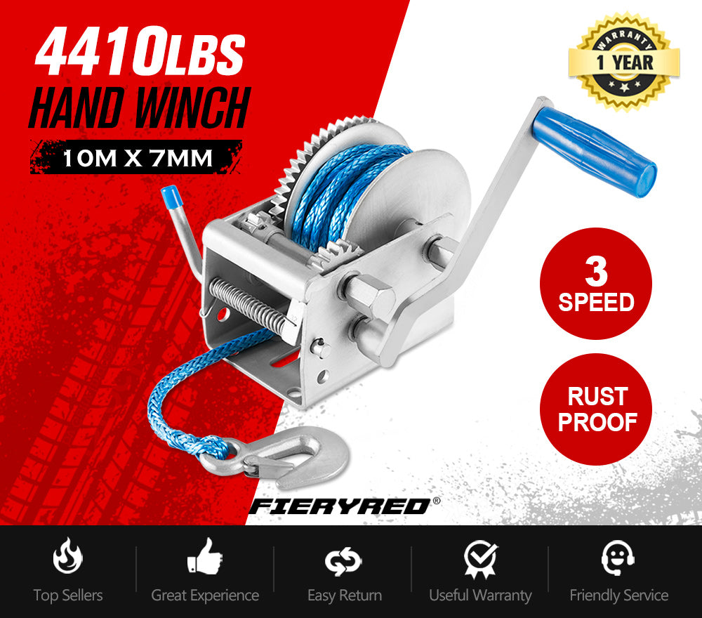 Hand Winch 2000KG/4410LBS 3 Speed Dyneema Synthetic Rope Boat Car Marine 10M - Sunyee
