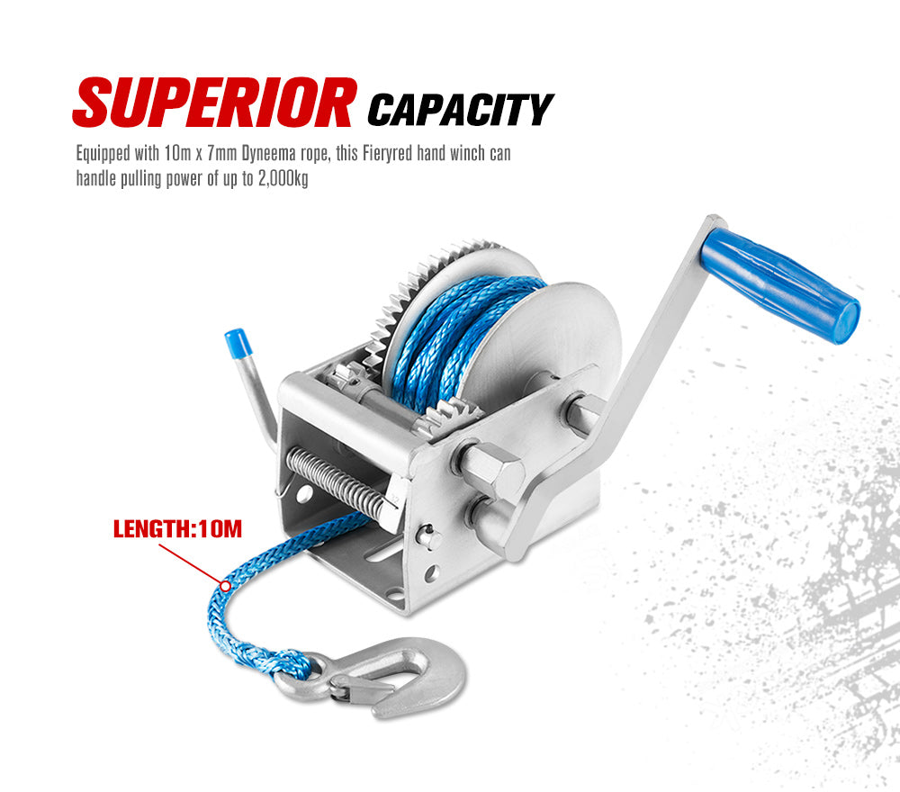 Hand Winch 2000KG/4410LBS 3 Speed Dyneema Synthetic Rope Boat Car Marine 10M - Sunyee