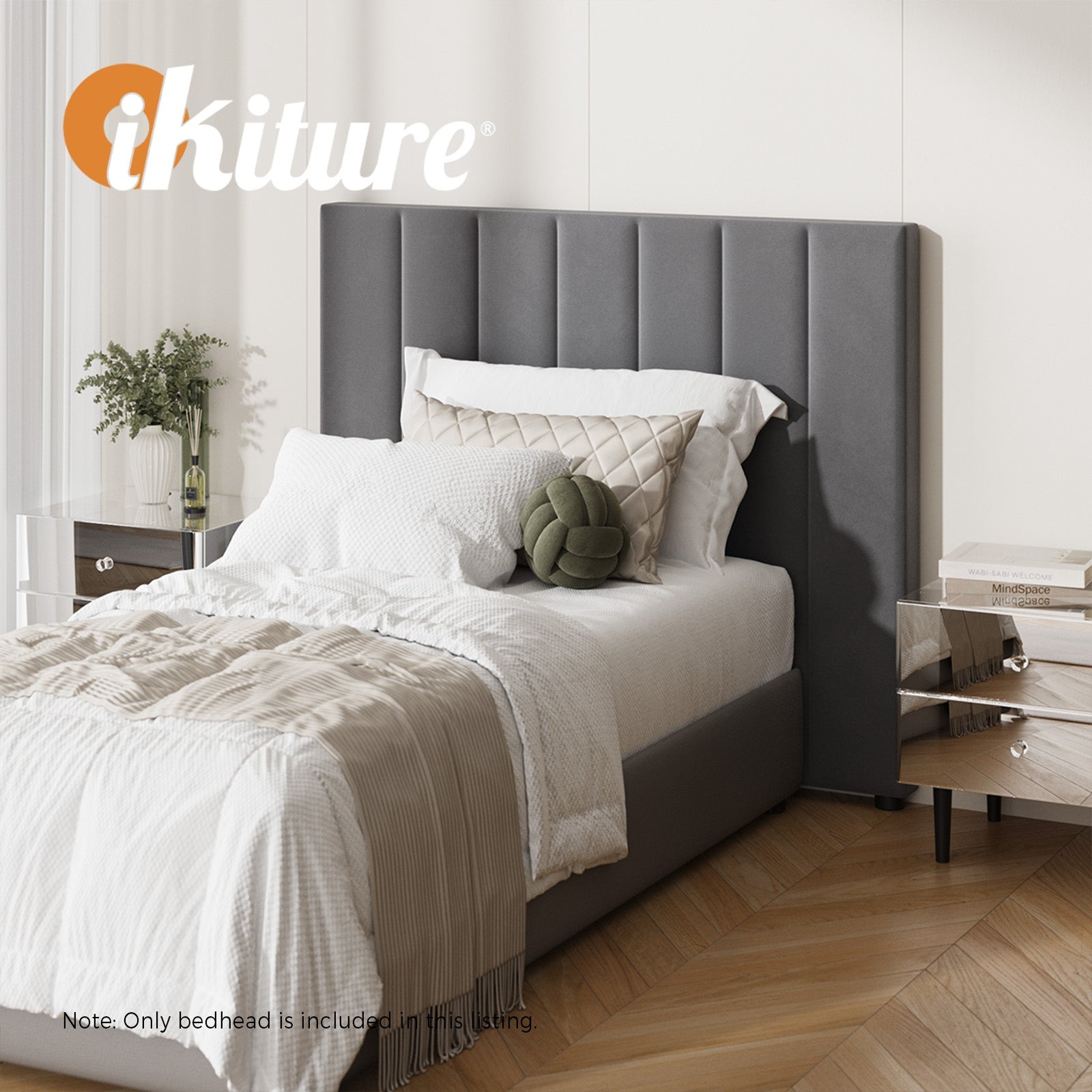 Oikiture Bed Frame Headboard King Single Size Head Bedhead Grey Velvet - Sunyee