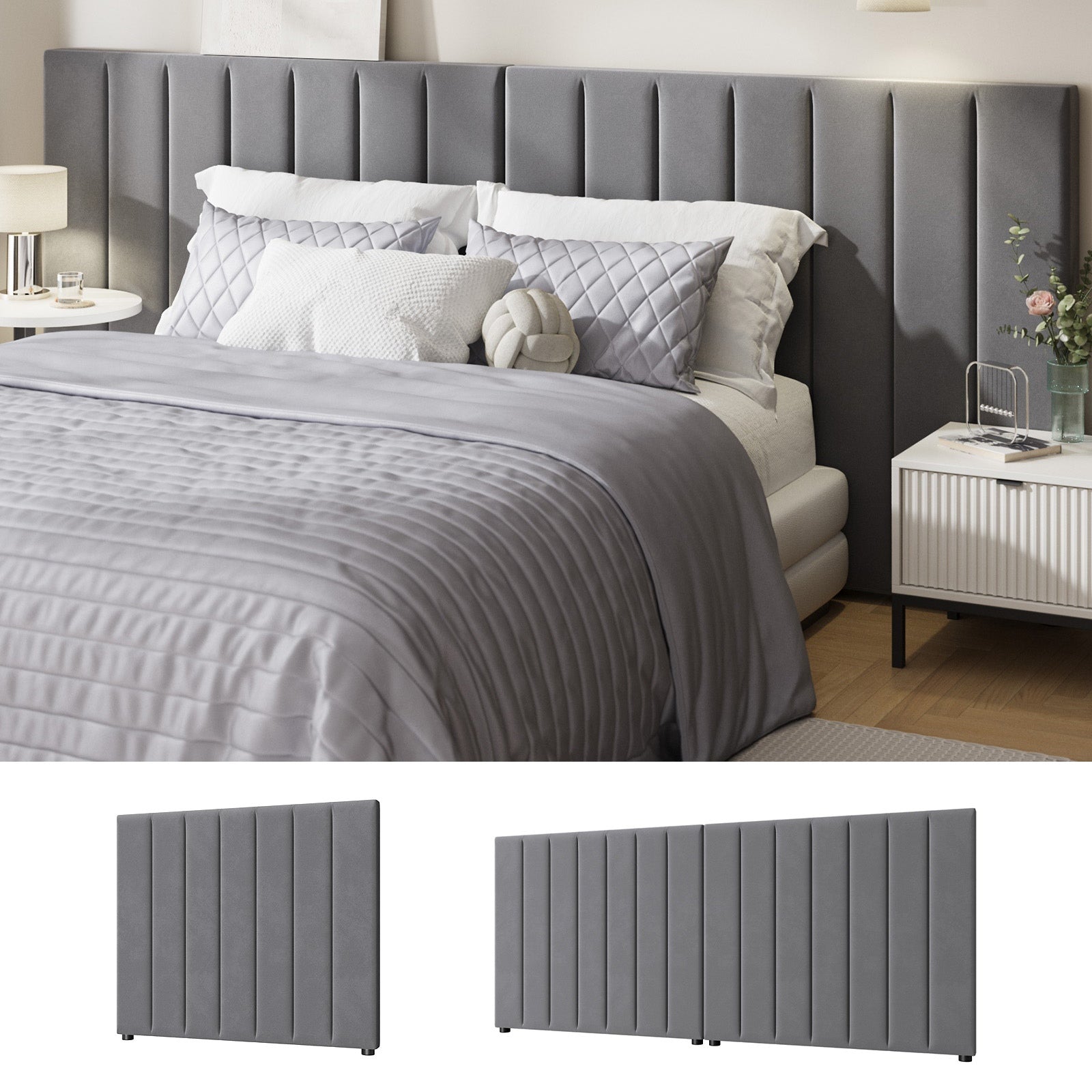 Oikiture Headboard Queen Double King Single Bedhead Velvet Fabric Grey - Sunyee